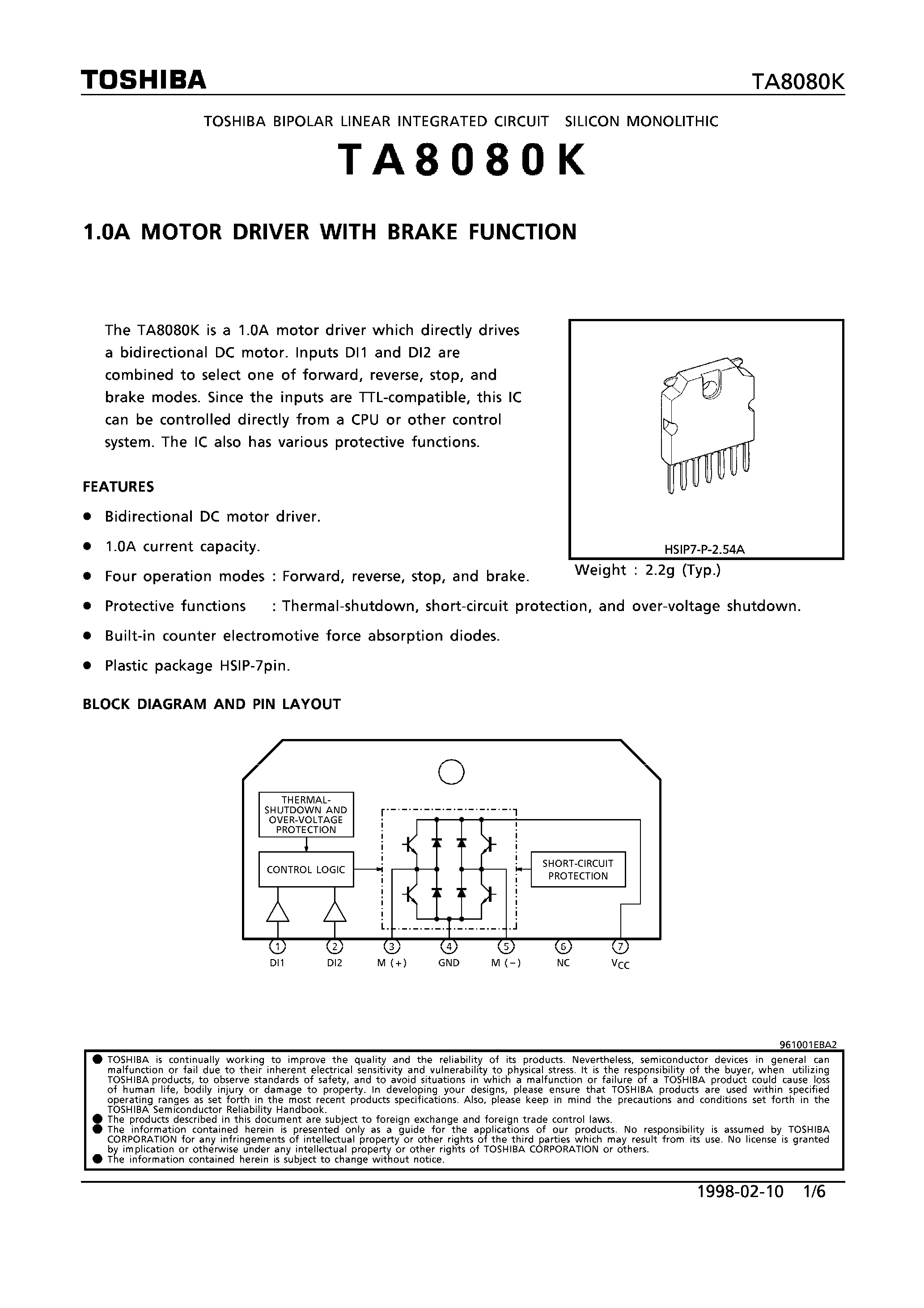 Datasheet TA8080K - 1.0A MOTOR DRIVER WITH BRAKE FUNCTION page 1