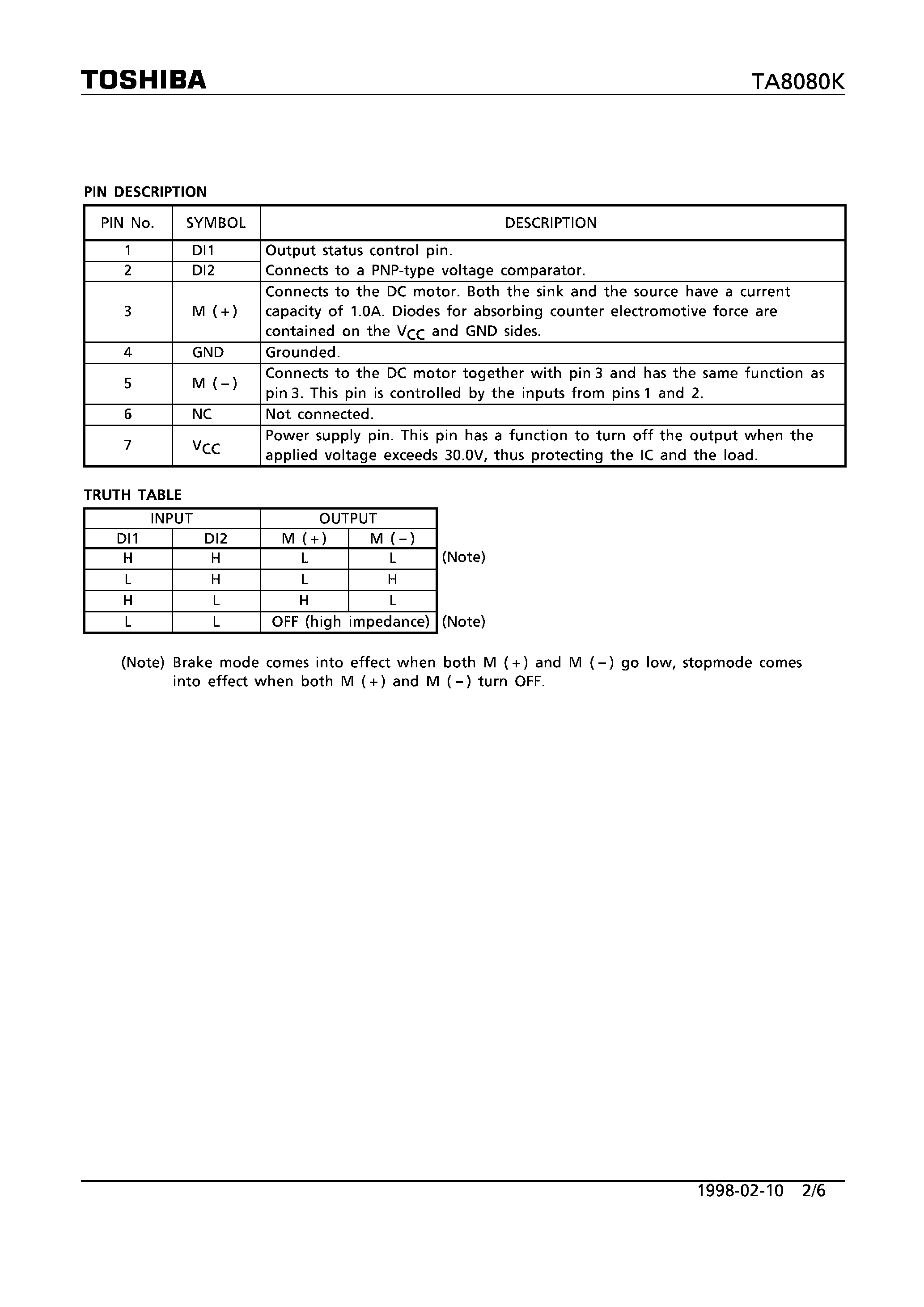 Datasheet TA8080K - 1.0A MOTOR DRIVER WITH BRAKE FUNCTION page 2