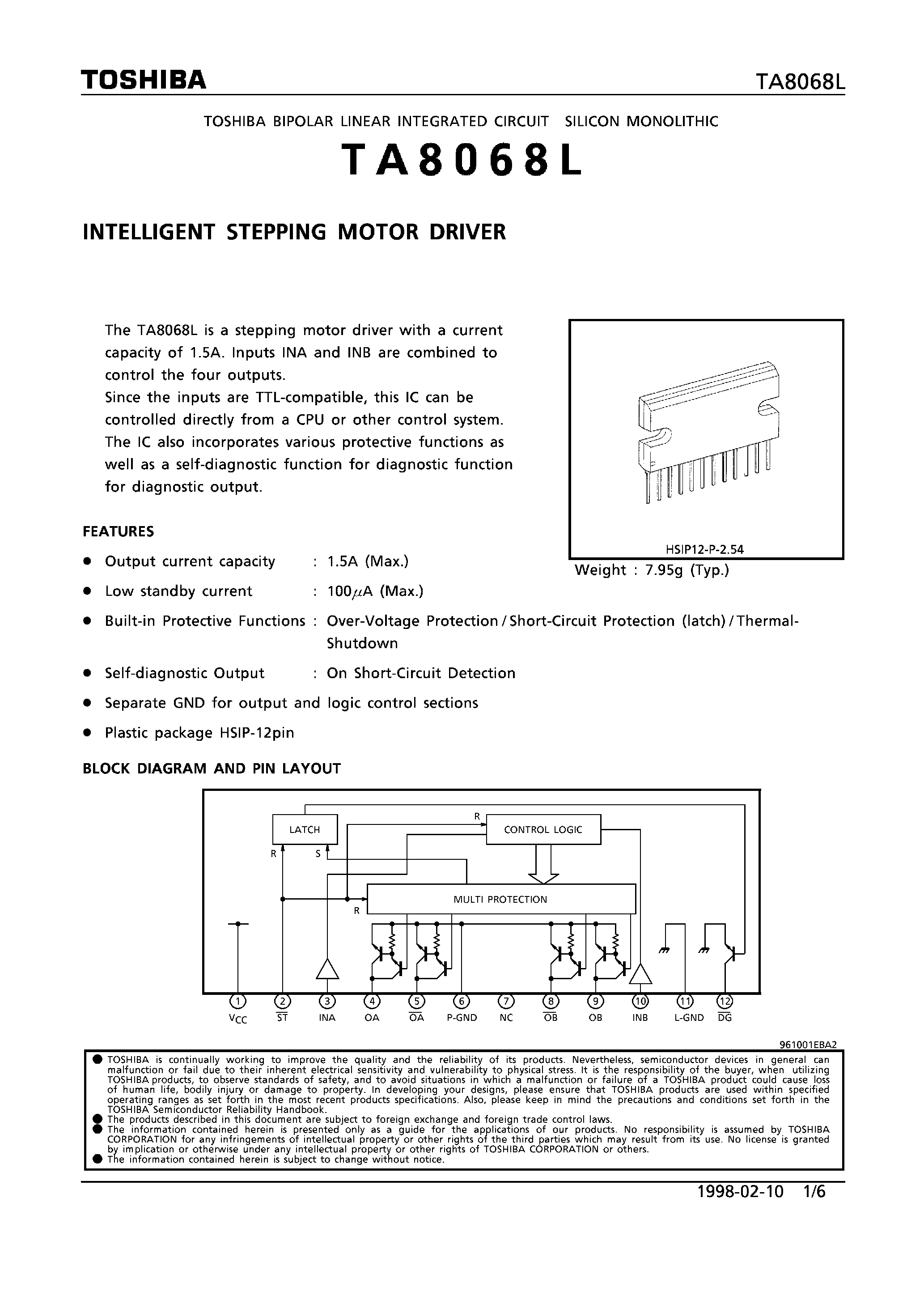 Даташит TA8068L - INTELLIGENT STEPPING MOTOR DRIVER страница 1