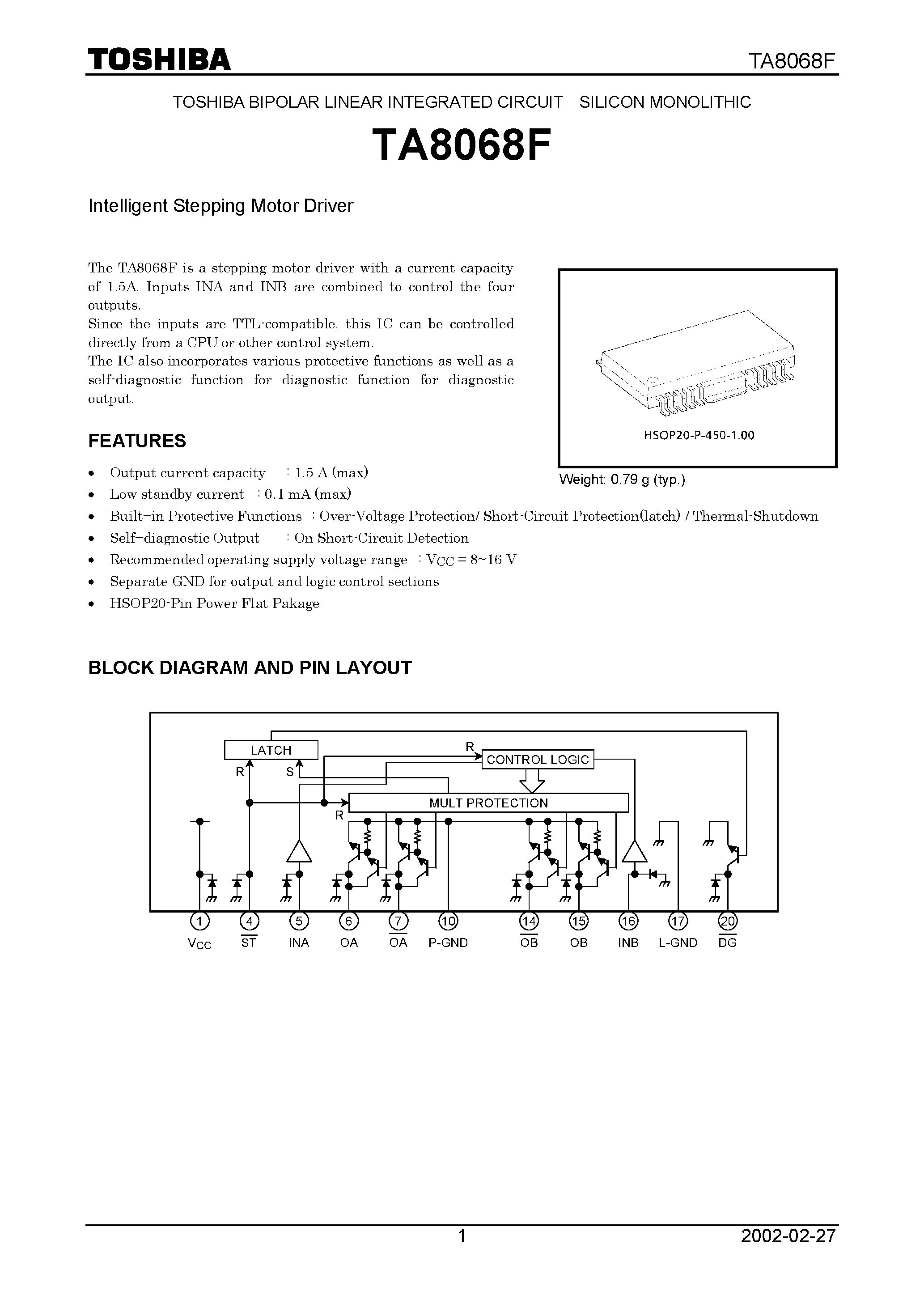 Даташит TA8068F - INTELLIGENT STEPPING MOTOR DRIVER страница 1