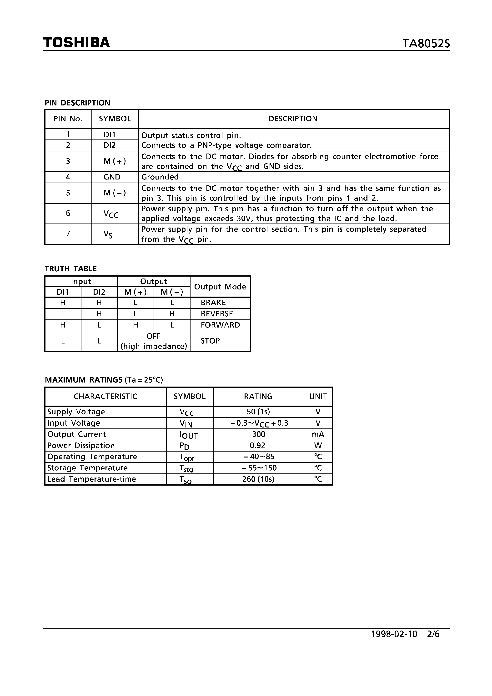 Datasheet TA8052S page 2 Datasheet TA8052S - 0.3A MOTOR DRIVER WITH BRAKE FUNCTION page 2