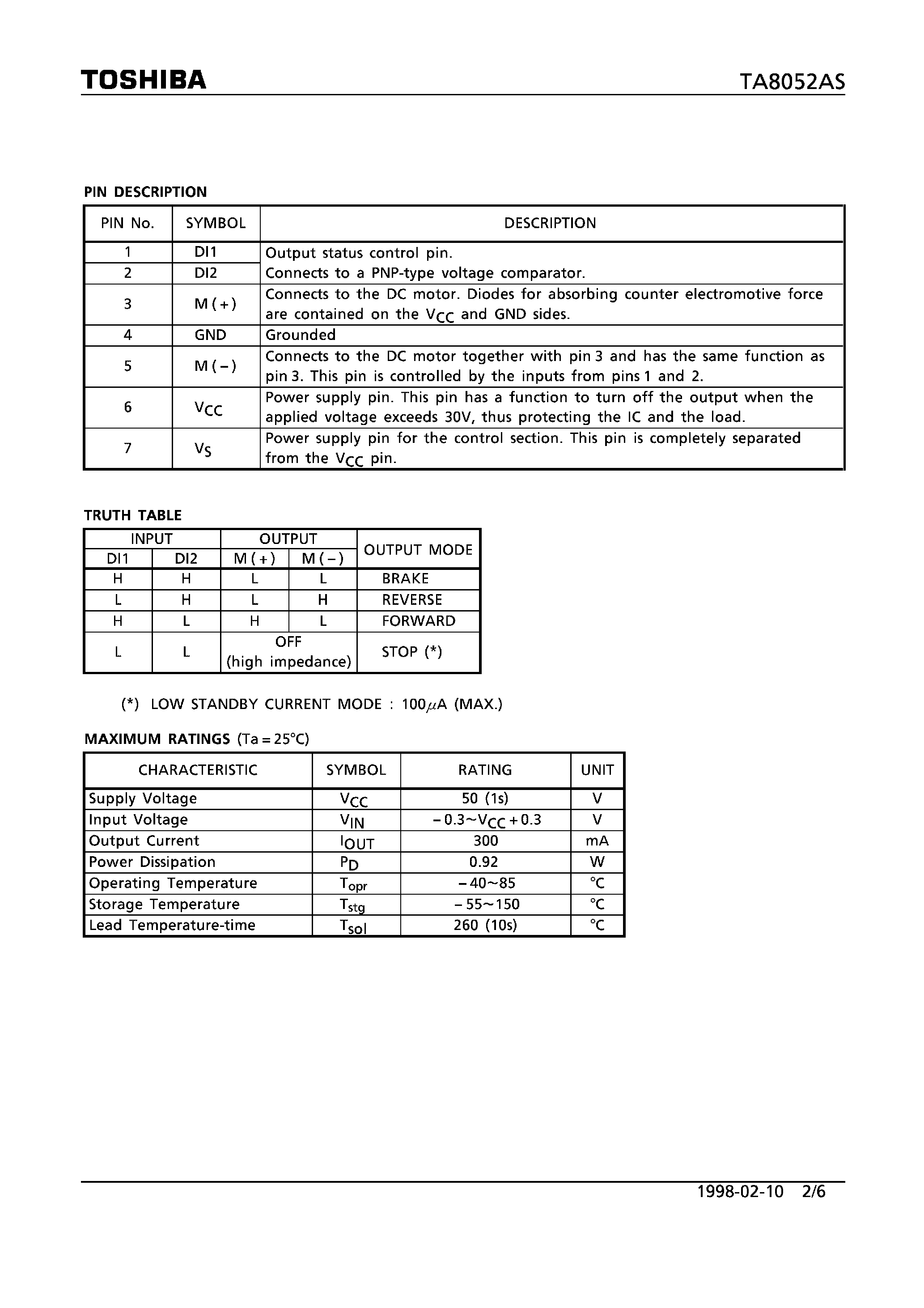 Datasheet TA8052AS page 2 Datasheet TA8052AS - 0.3A MOTOR DRIVER WITH BRAKE FUNCTION page 2