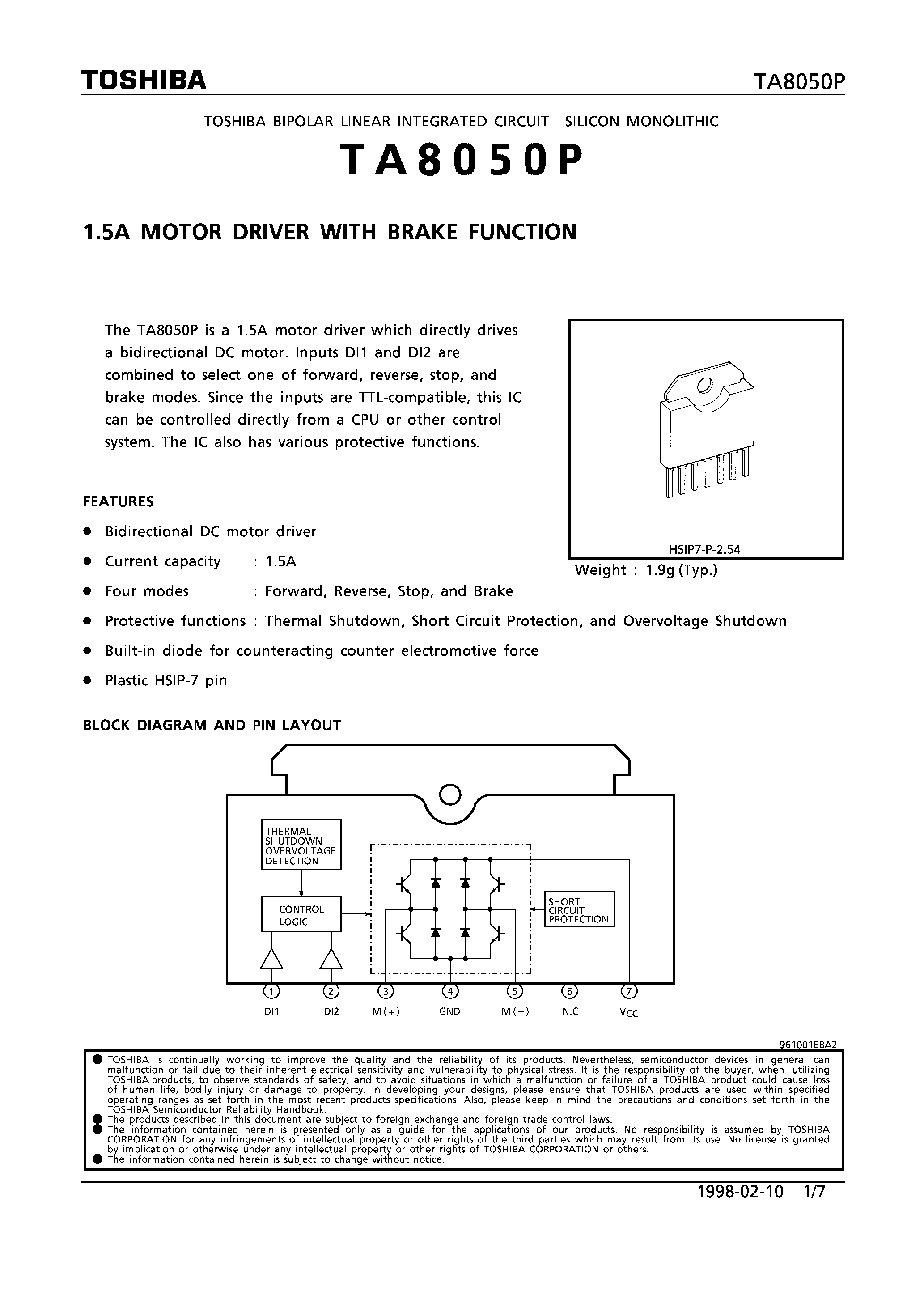 Datasheet TA8050P - 1.5A MOTOR DRIVER WITH VRAKE FUNCTION page 1