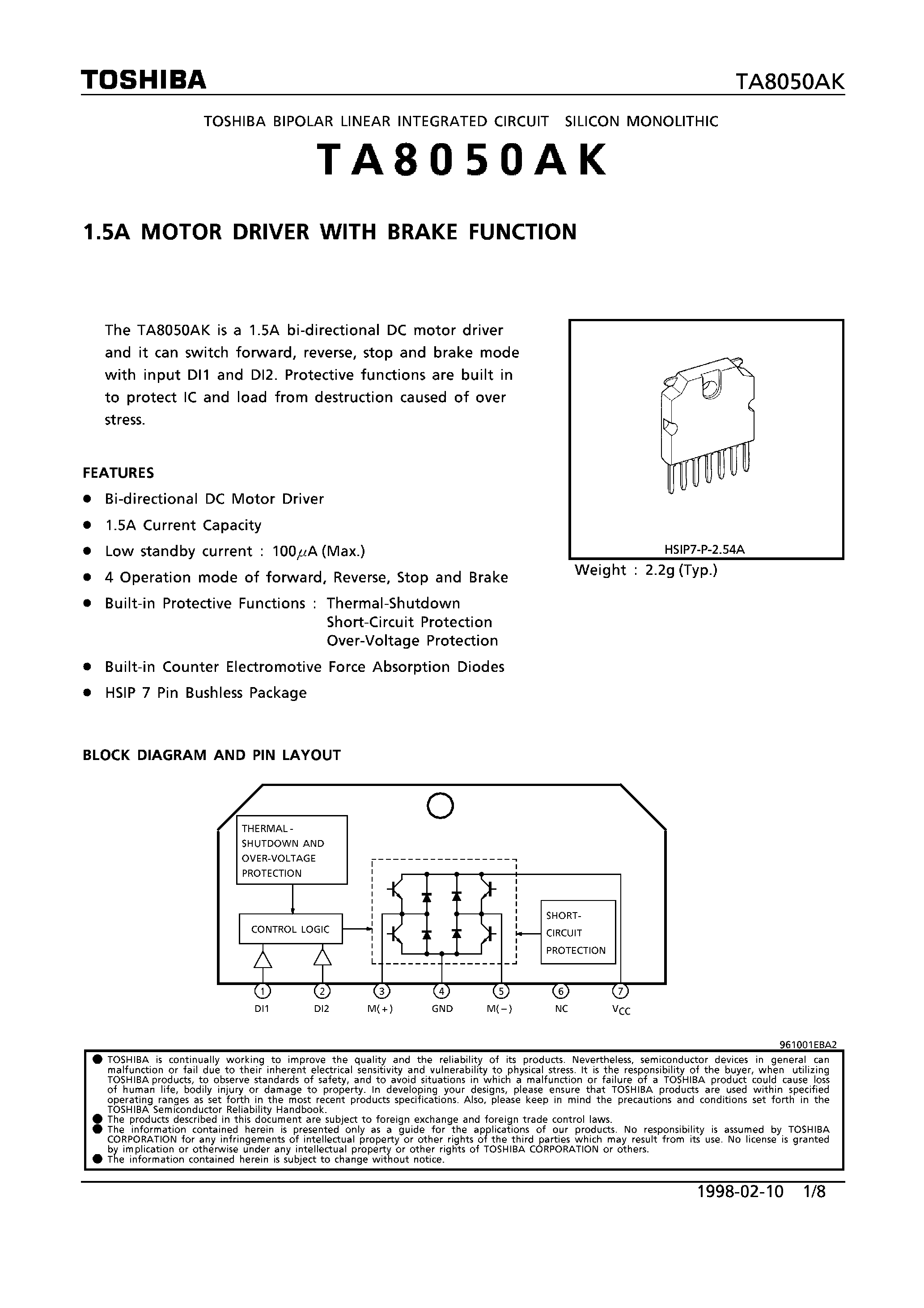 Datasheet TA8050AK - 1.5A MOTOR DRIVER WITH VRAKE FUNCTION page 1