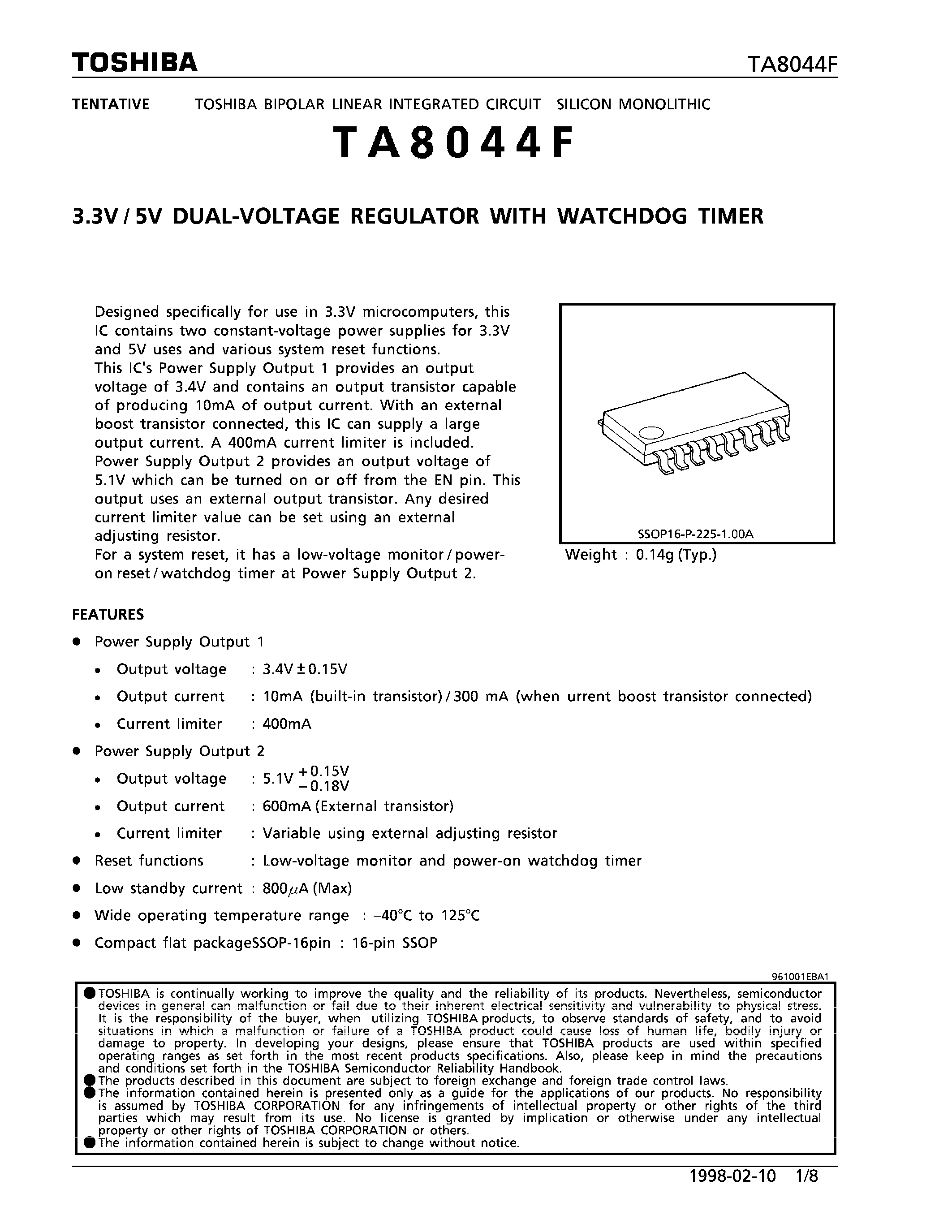 Datasheet TA8044F - 3.3V/5V DUAL-VOLTAGE REGULATOR WITH WATCHDOG TIMMER page 1