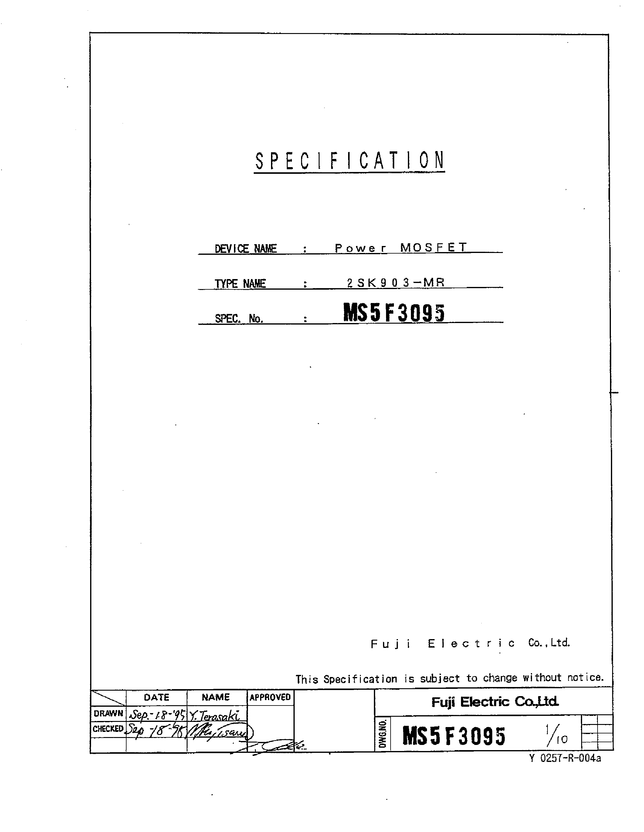 Datasheet 2SK903-MR page 1 Datasheet 2SK903-MR - POWER MOSFET page 1