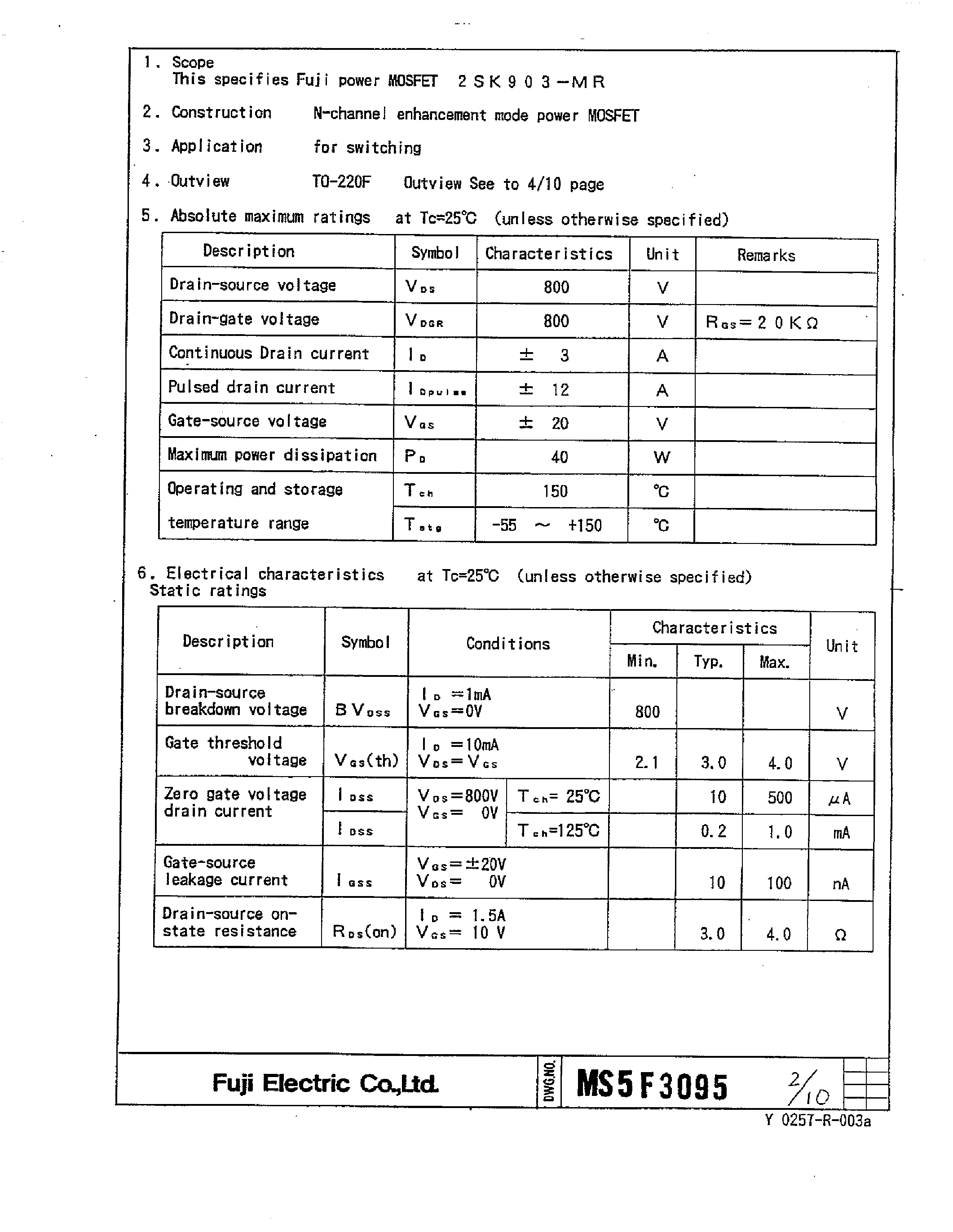 Datasheet 2SK903-MR page 2 Datasheet 2SK903-MR - POWER MOSFET page 2