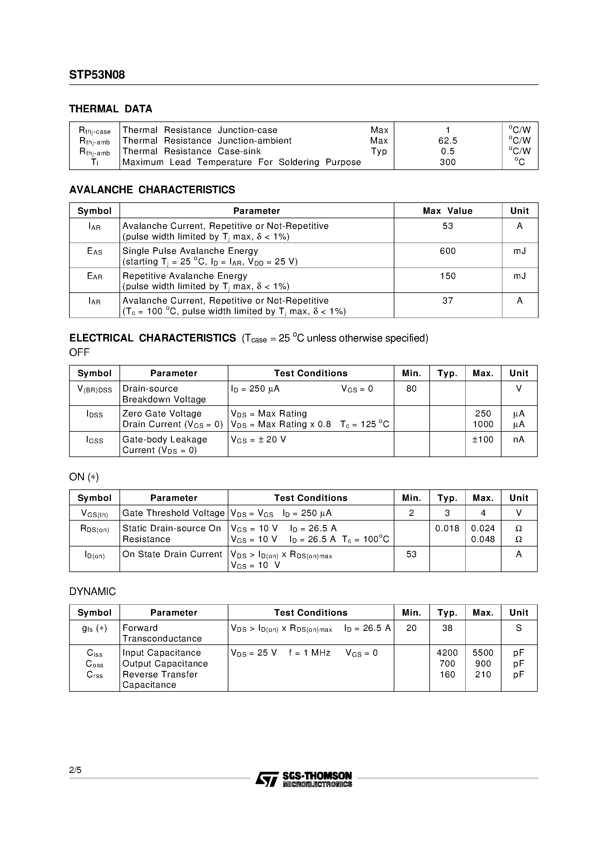 Datasheet STP53N08 - N - CHANNEL ENHANCEMENT MODE POWER MOS TRANSISTOR page 2