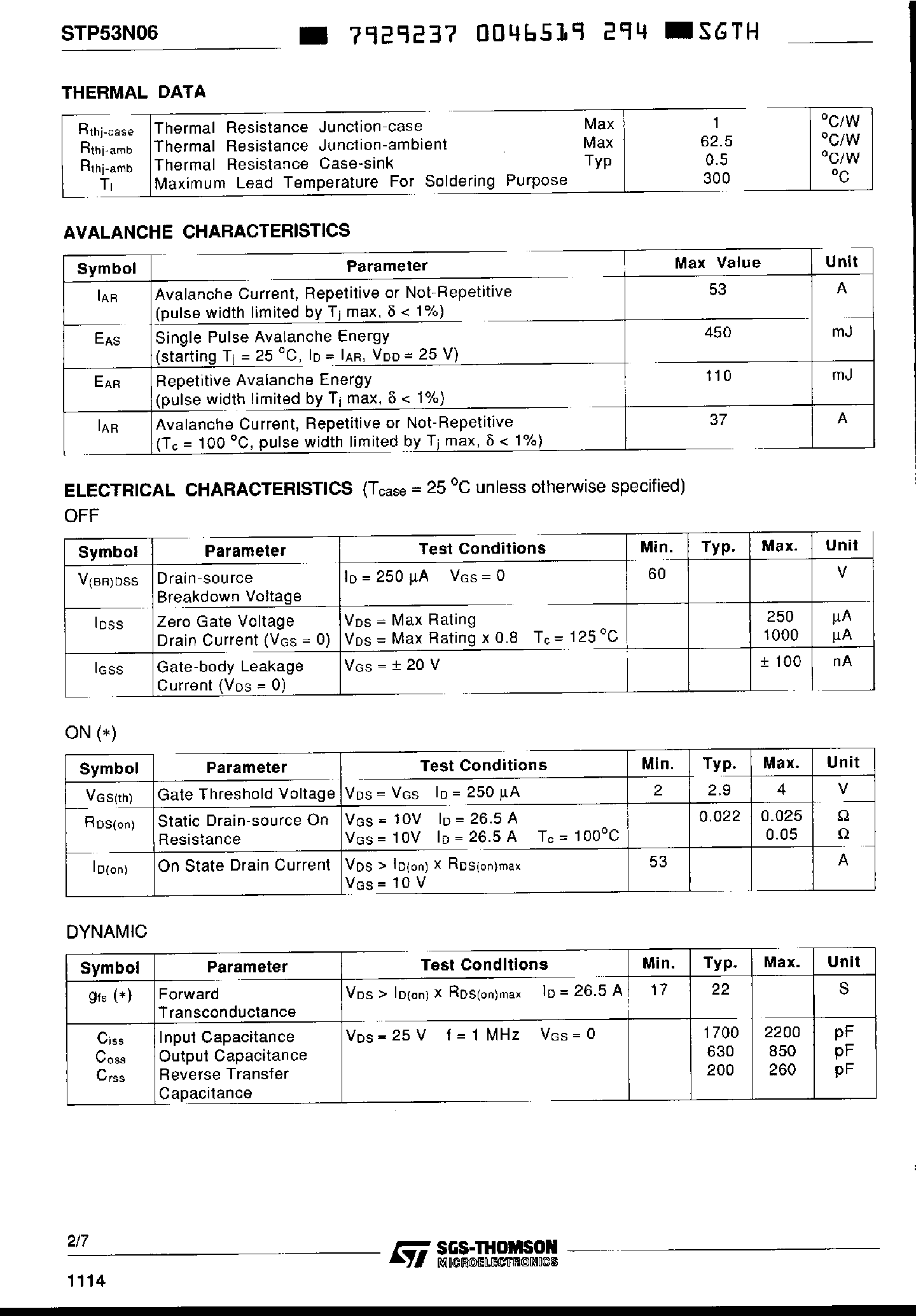 Datasheet STP53N06 - N - CHANNEL ENHANCEMENT MODE POWER MOS TRANSISTOR page 2