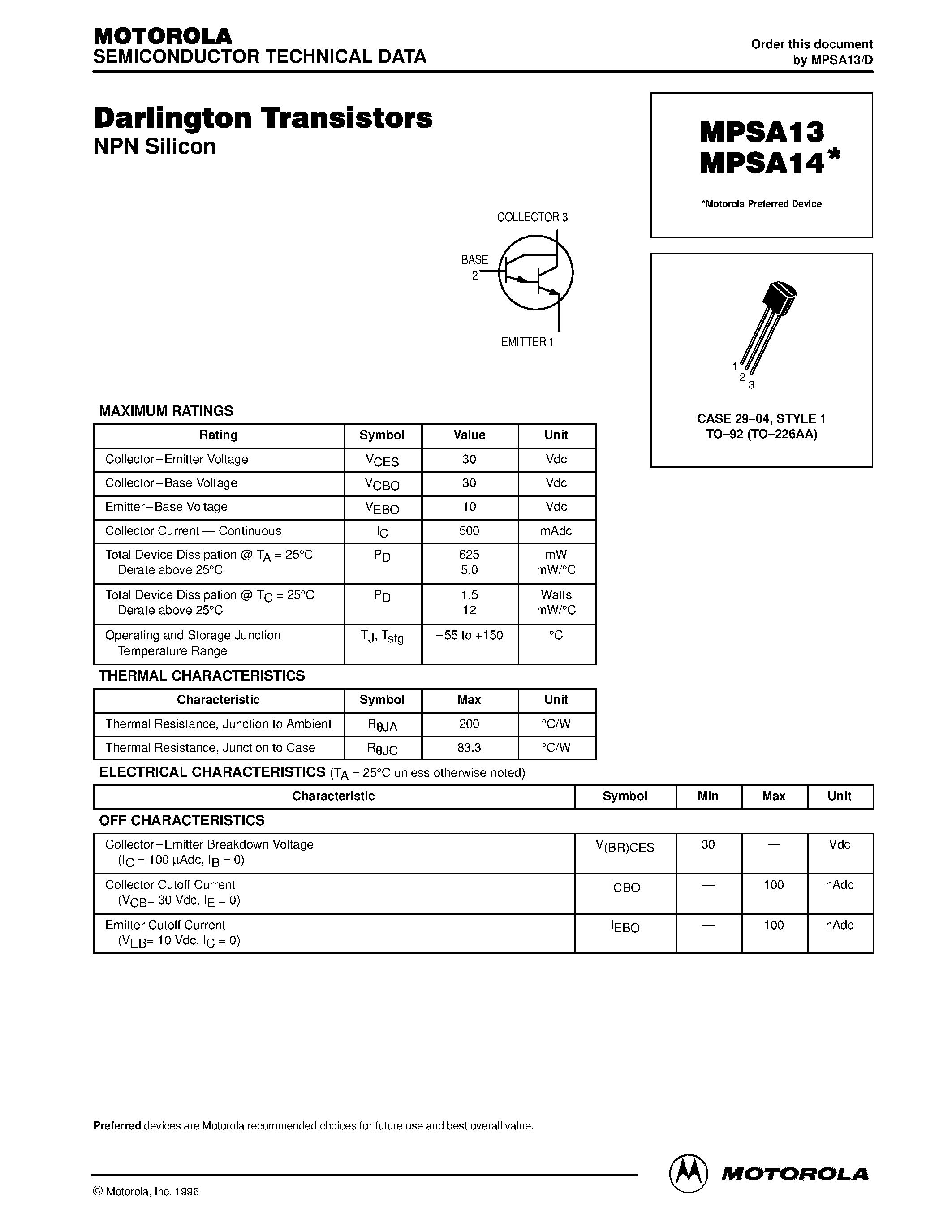Datasheet MPSA13 page 1 Datasheet MPSA13 - Darlington Transistors page 1