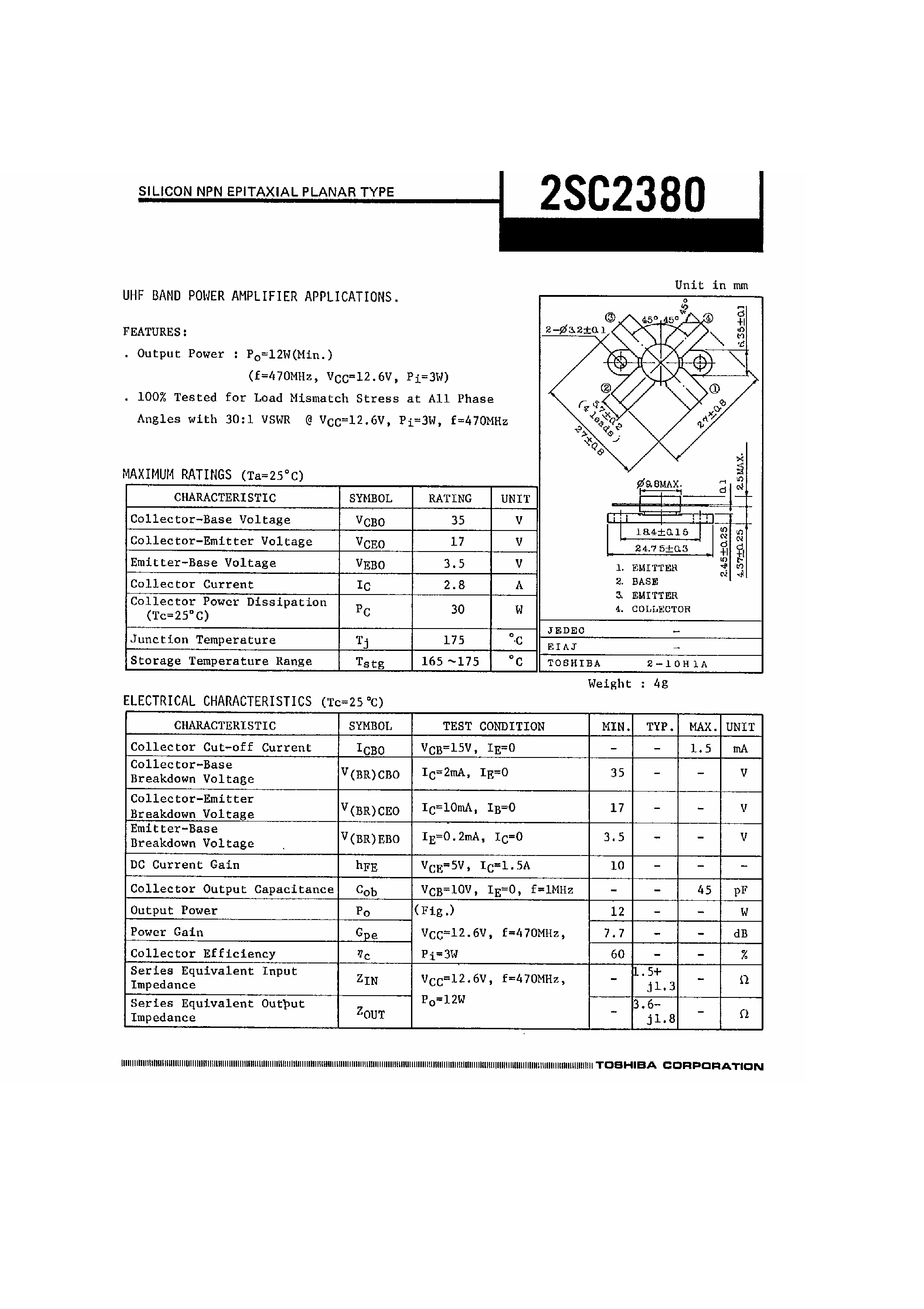 Datasheet 2SC2380 page 1 Datasheet 2SC2380 - Silicon NPN Epitaxial Planar Type page 1