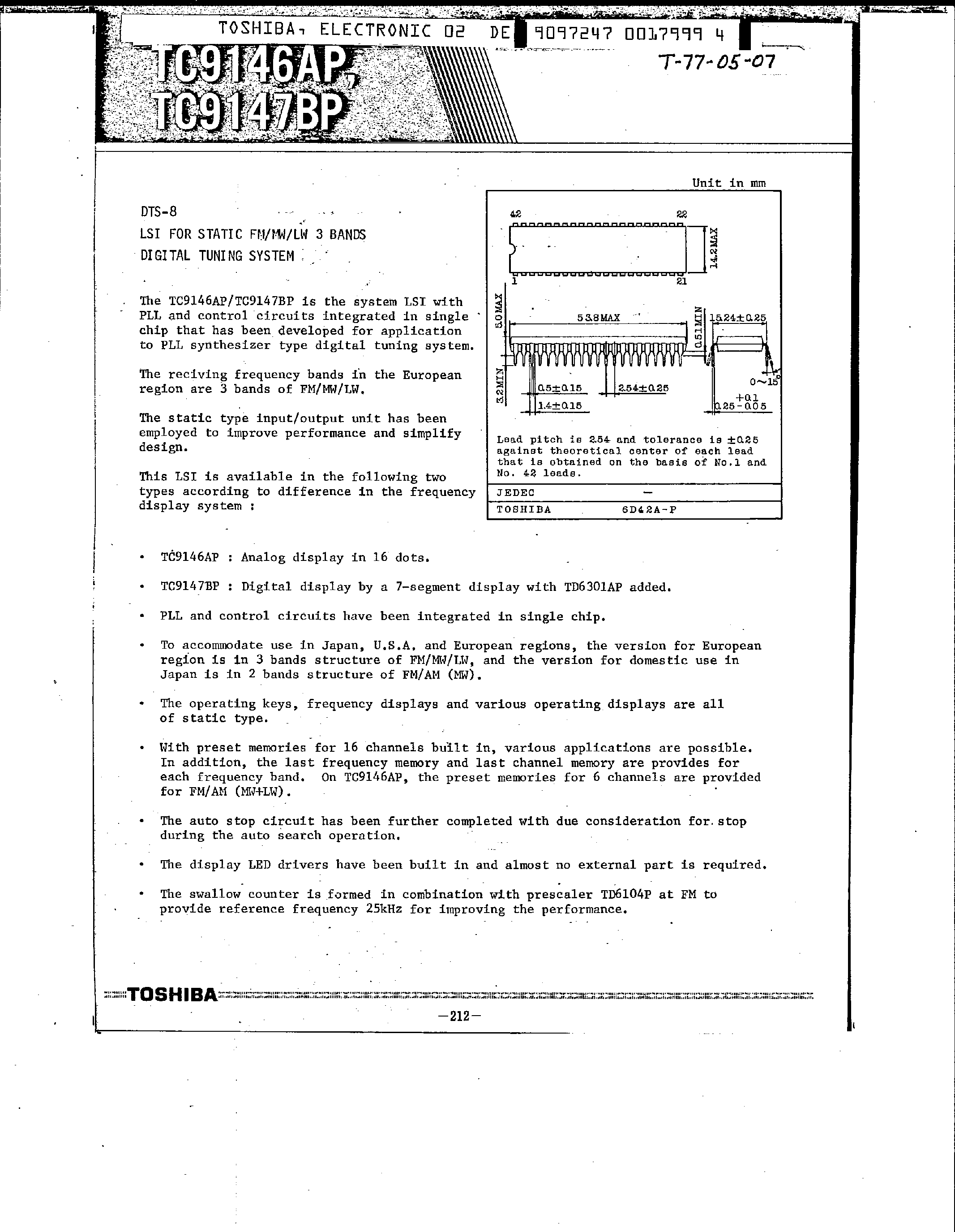 Datasheet TC9146AP - LSI for Static FM/MW/LW 3 Bands Digital Tuning System page 1