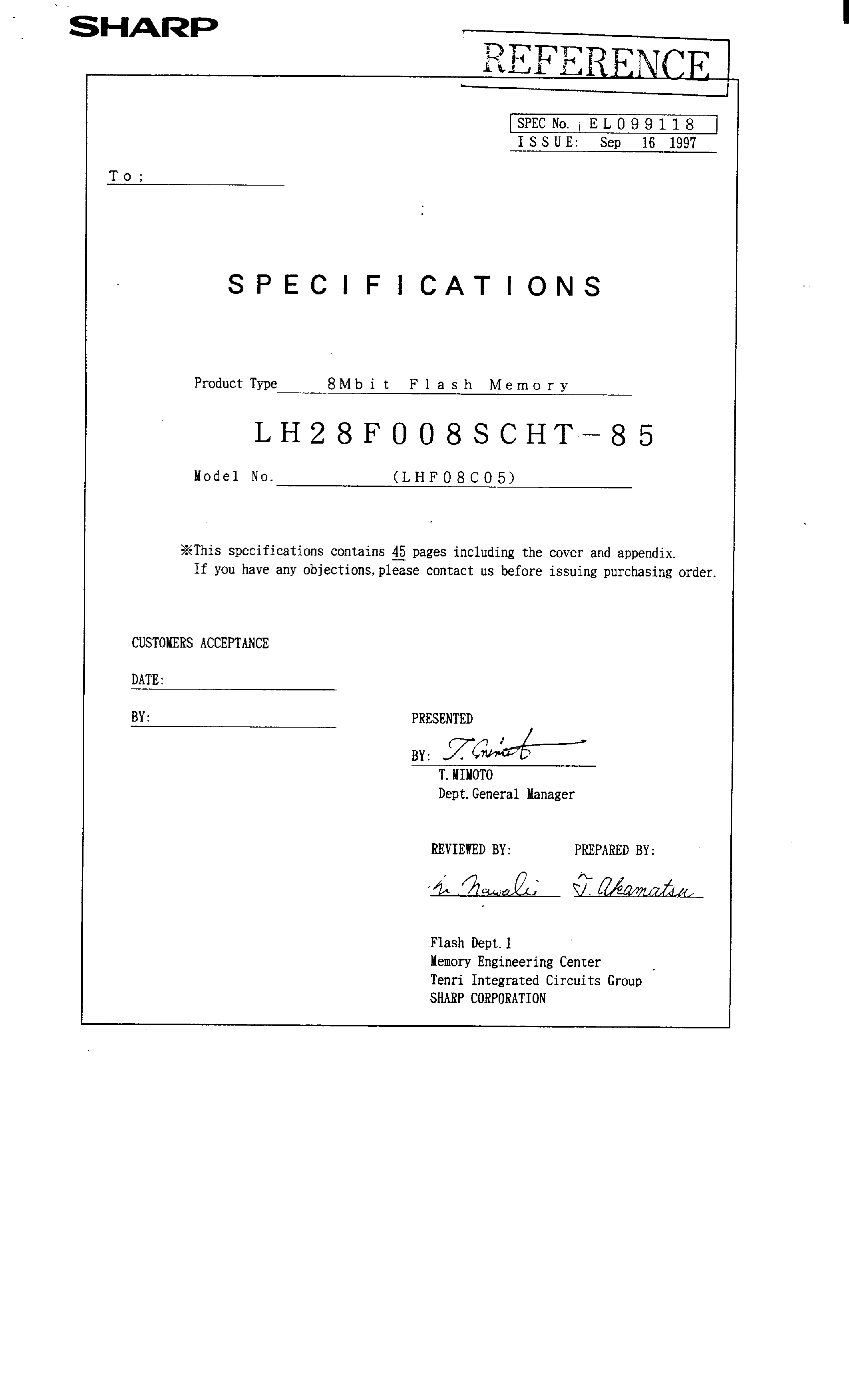Datasheet LH28F008SCHT-85 - 8-MBIT(1 MB x 8) SmartVoltage Flash MEMORY page 1