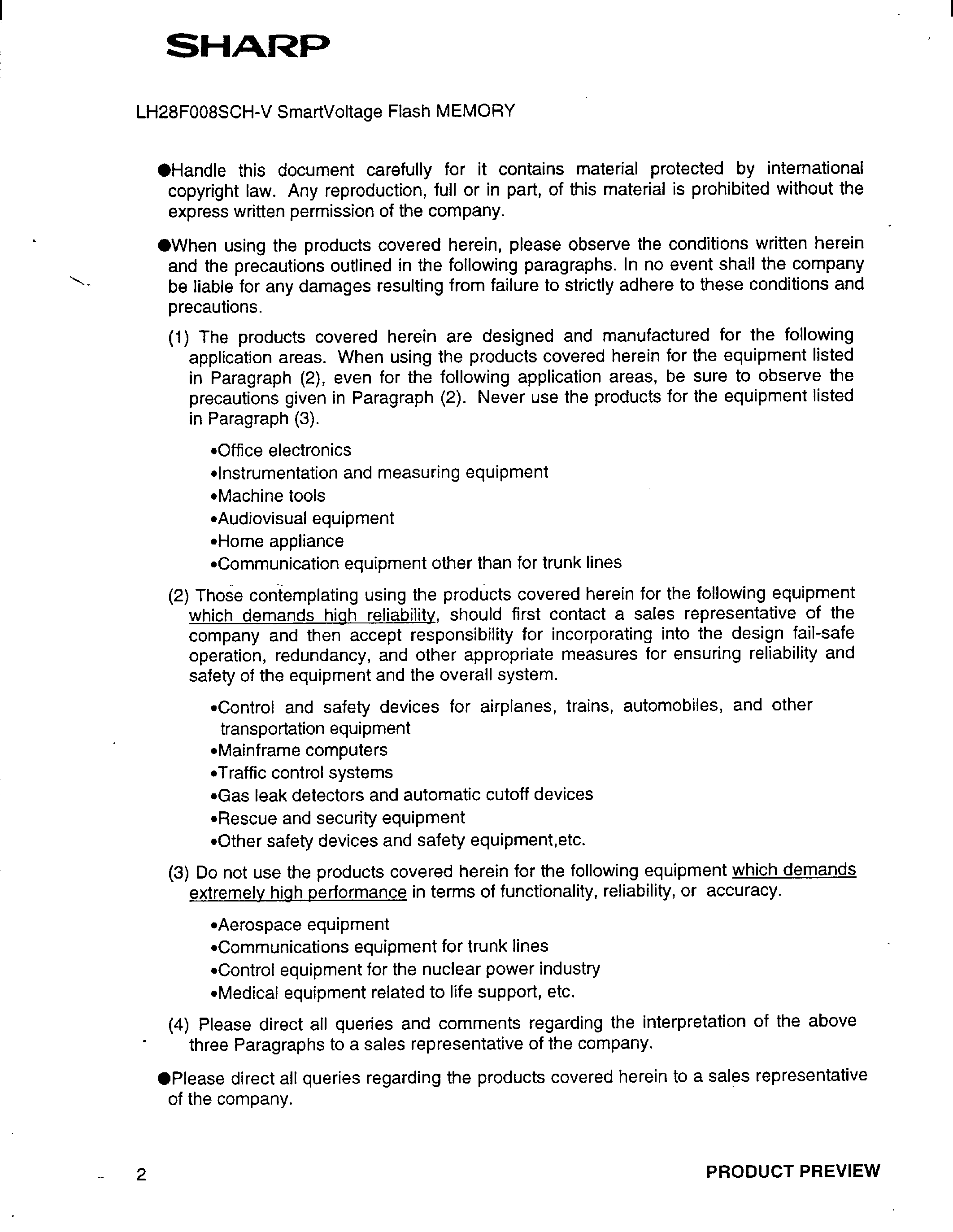 Даташит на микросхему LH28F008SCH-V страница 2 Даташит LH28F008SCH-V - 8-MBIT(1 MB x 8) SmartVoltage Flash MEMORY страница 2