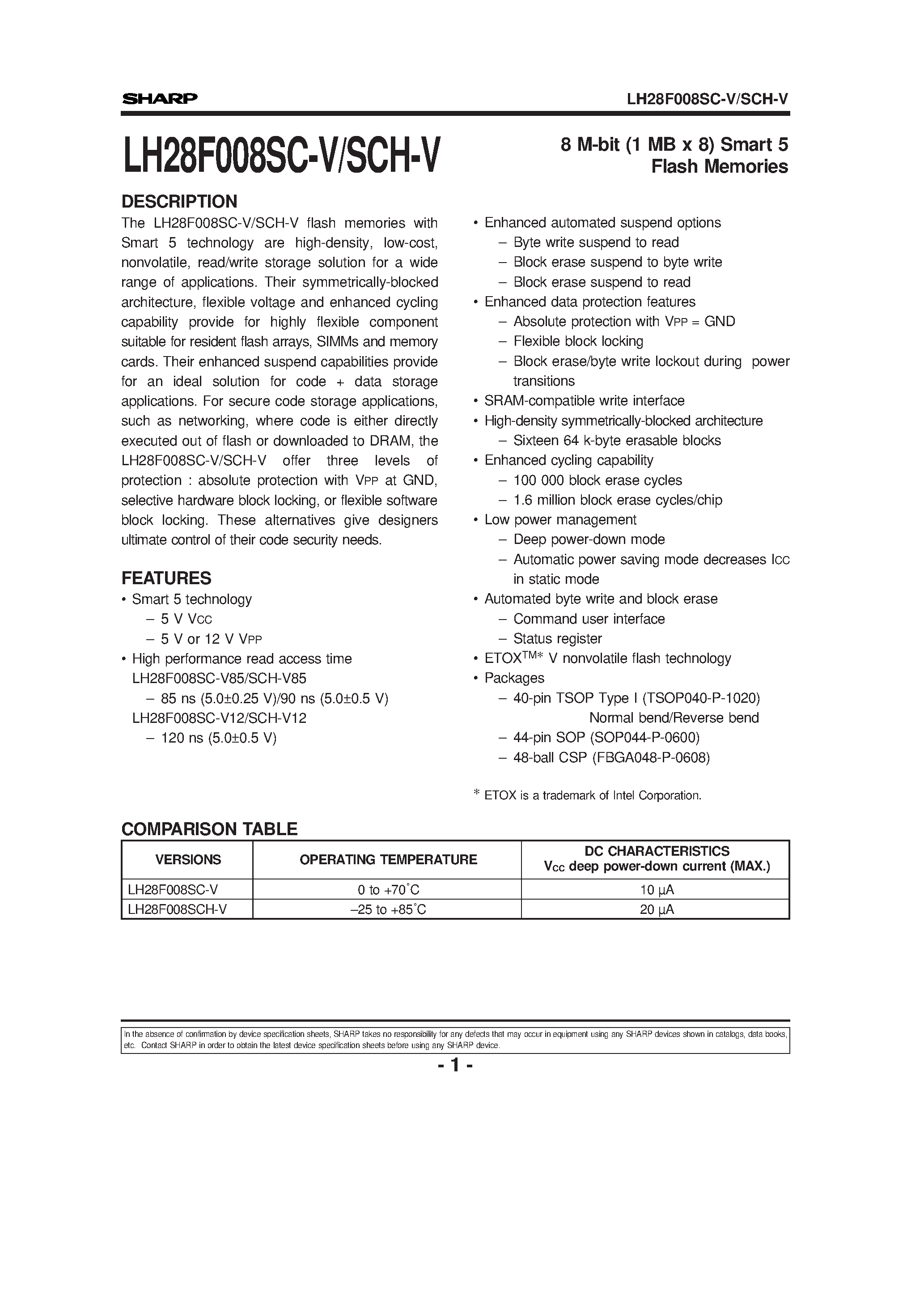 Datasheet LH28F008SCx-V - 8 M-bit (1 MB x 8) Smart 5 page 1