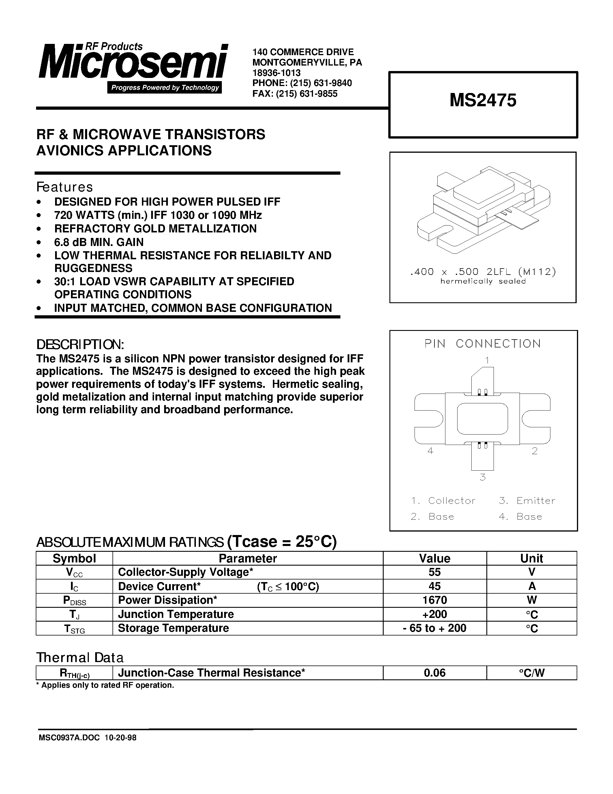 Datasheet MS2475 - RF & MICROWAVE TRANSISTORS AVIONICS APPLICATIONS page 1