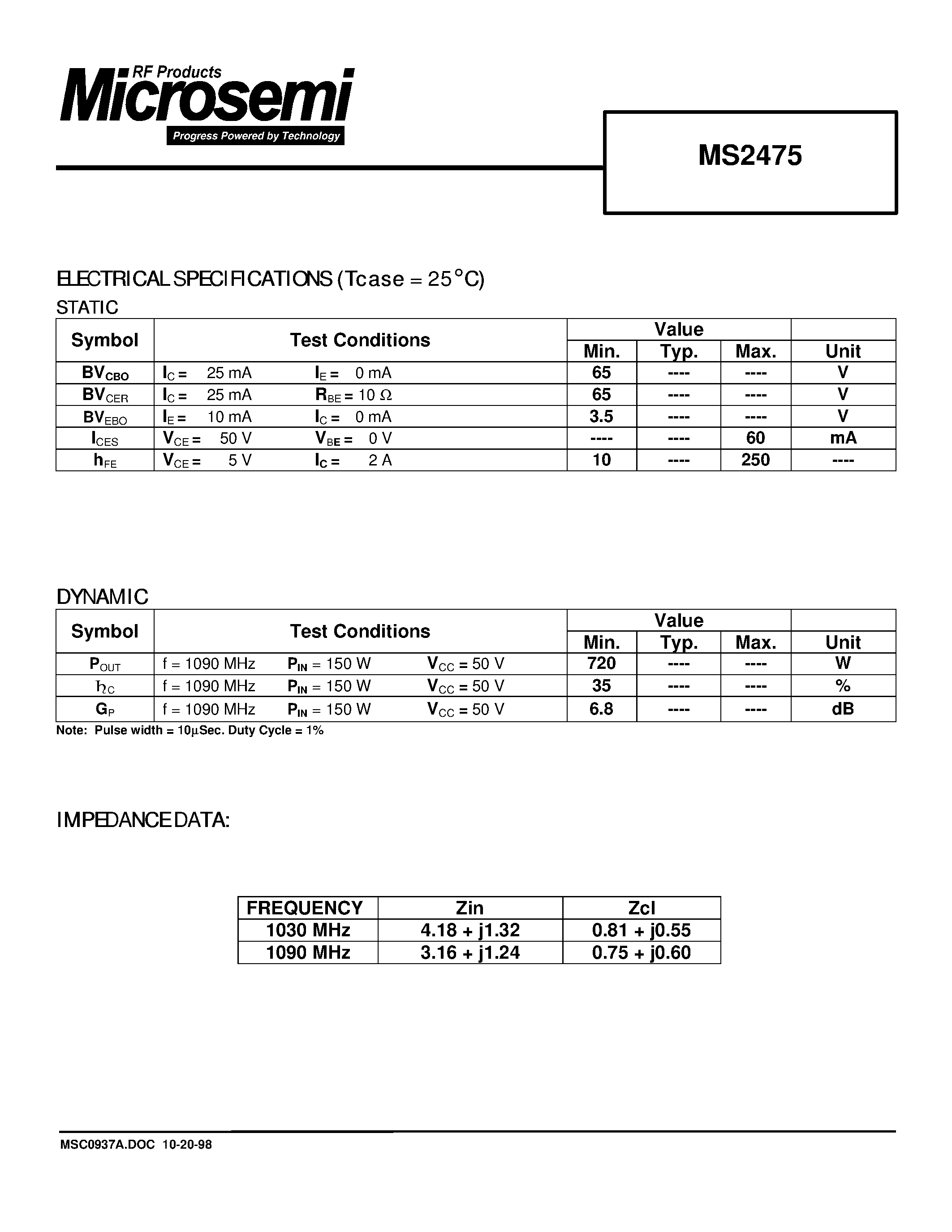Datasheet MS2475 - RF & MICROWAVE TRANSISTORS AVIONICS APPLICATIONS page 2