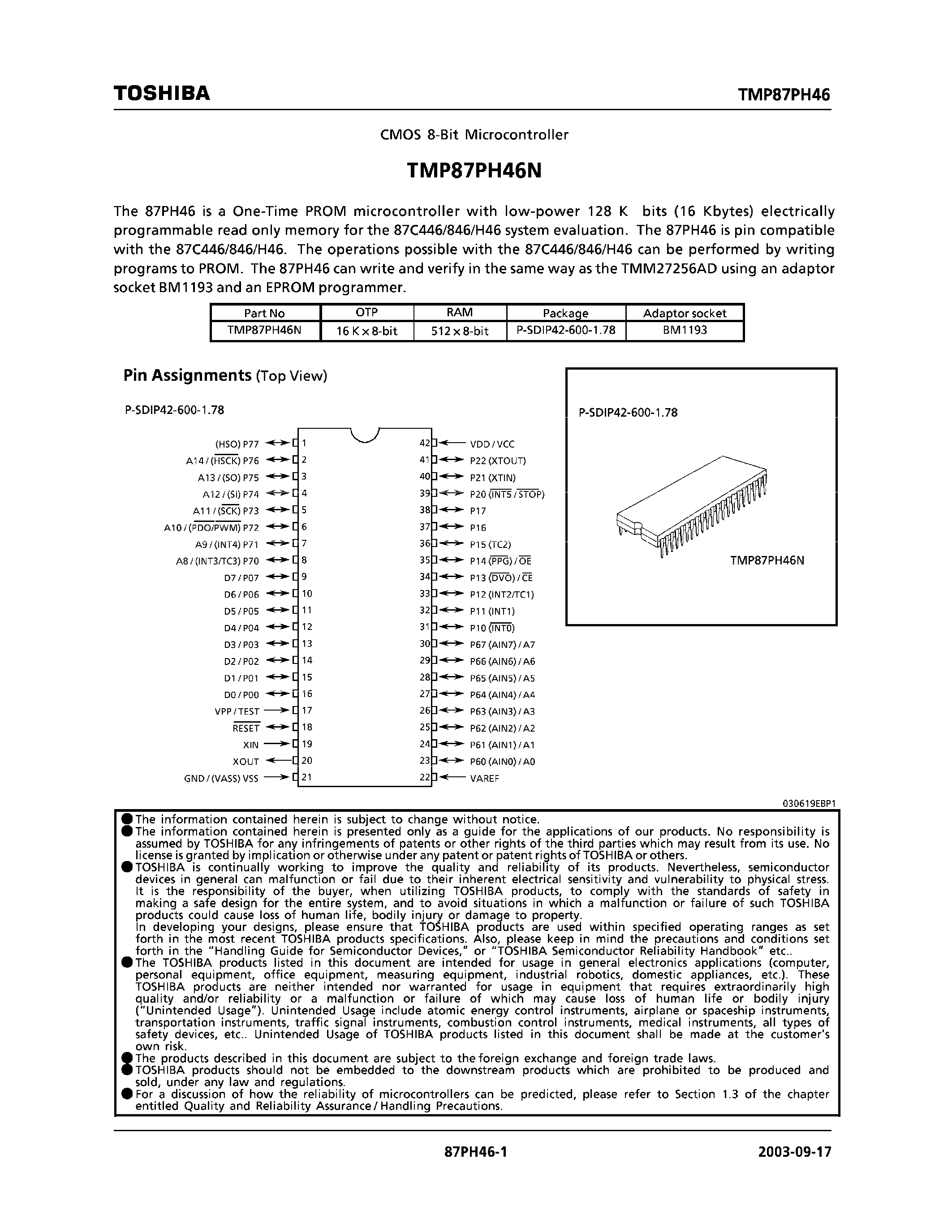 Datasheet TMP87PH46N - CMOS 8 Bit Microcontroller page 1