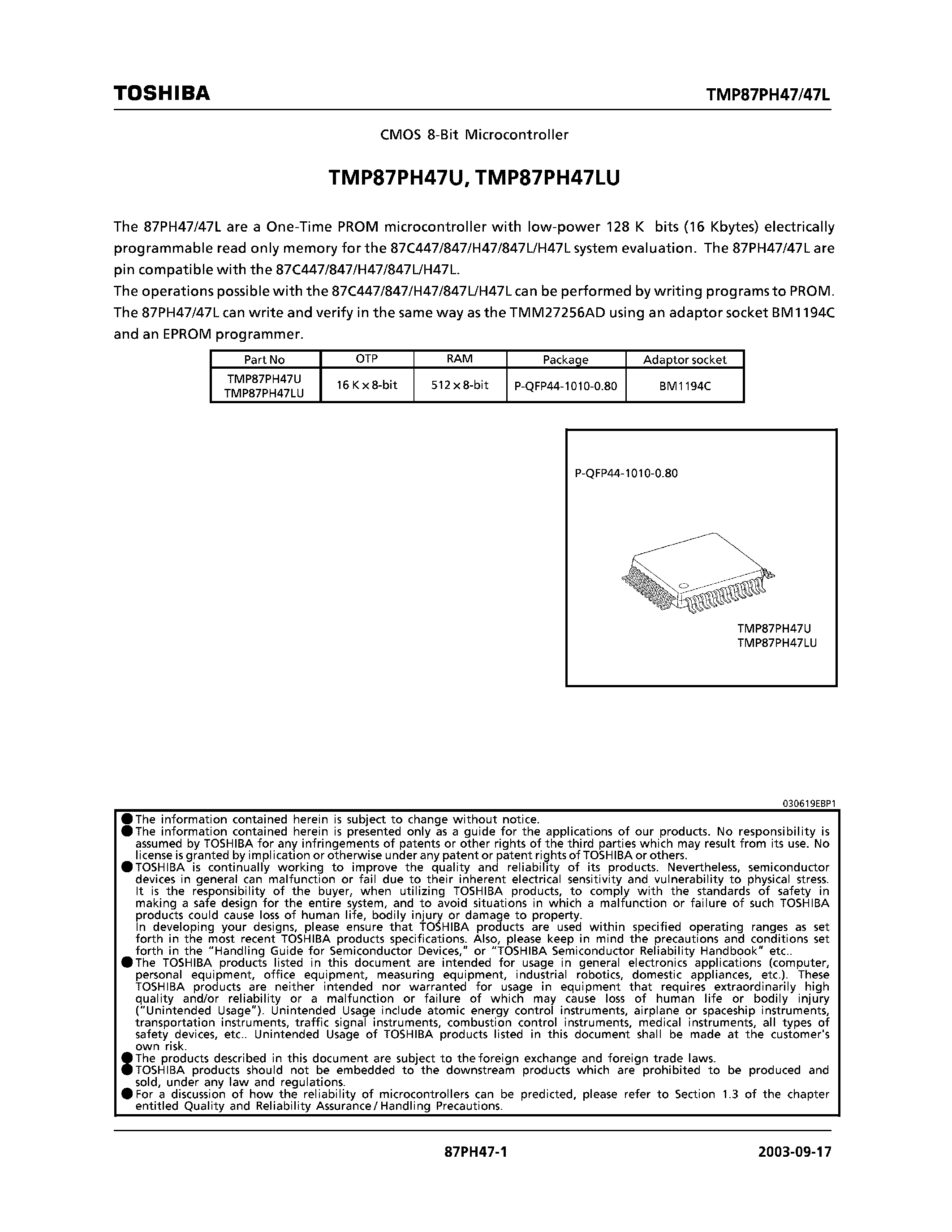 Datasheet TMP87PH47 - CMOS 8 Bit Microcontroller page 1