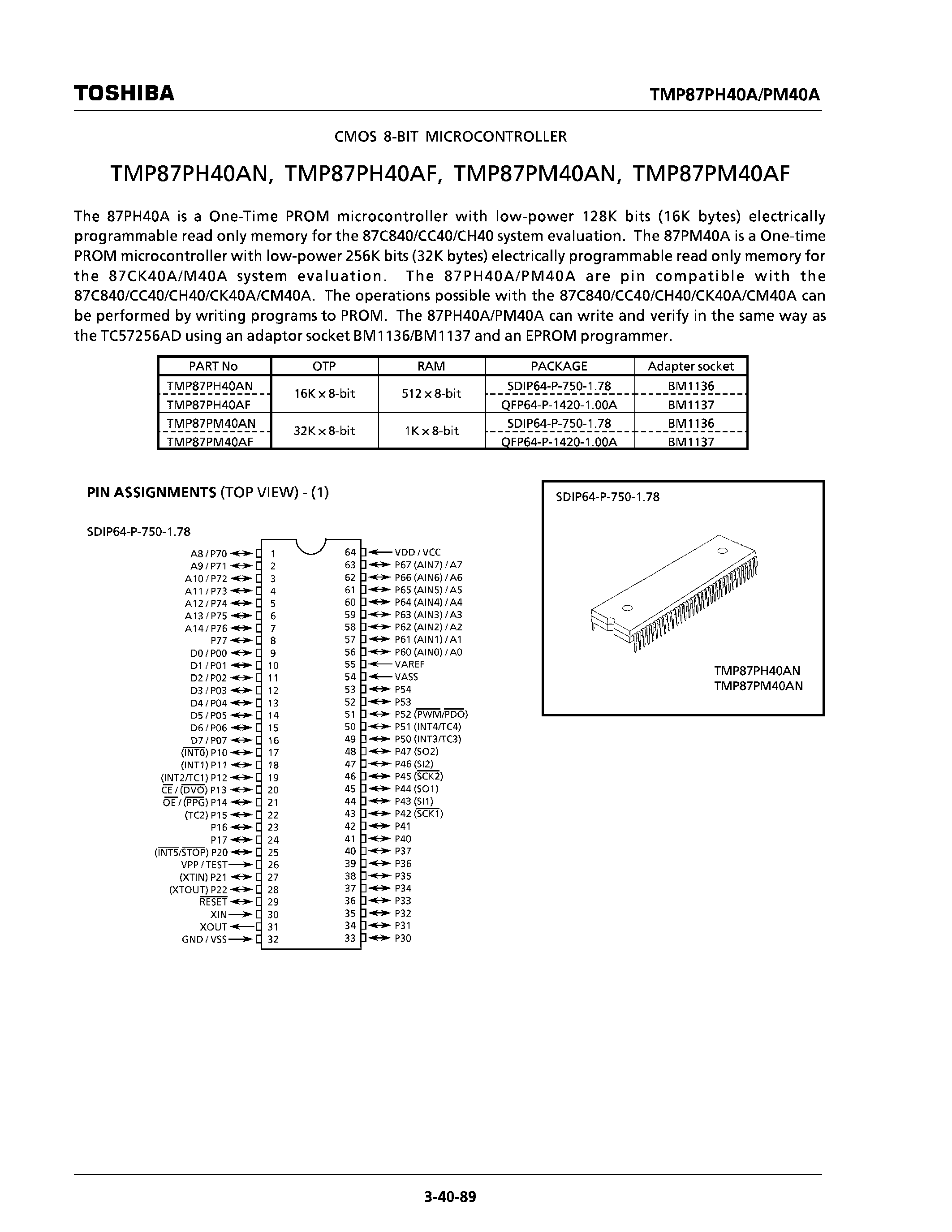 Даташит TMP87PH40 - CMOS 8 Bit Microcontroller страница 1