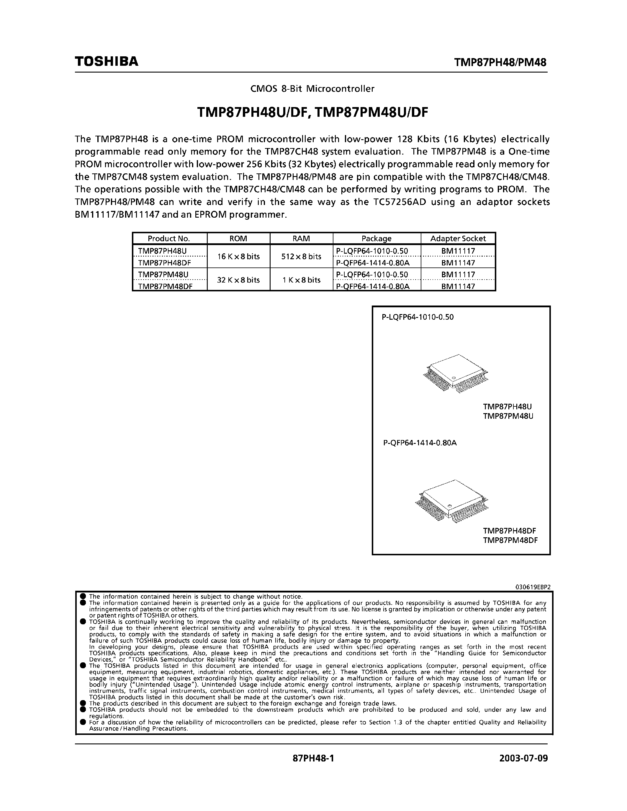 Datasheet TMP87PH48 - CMOS 8 Bit Microcontroller page 1