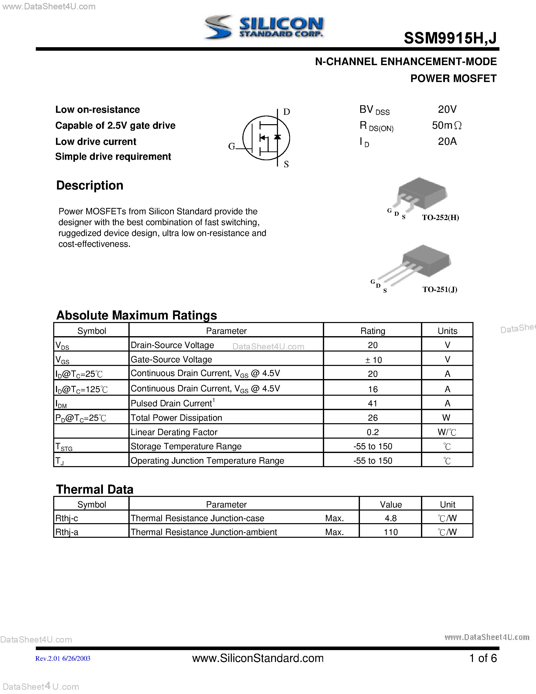 Даташит SSM9915H - N-Channel Enhancement-Mode Power MOSFET страница 1
