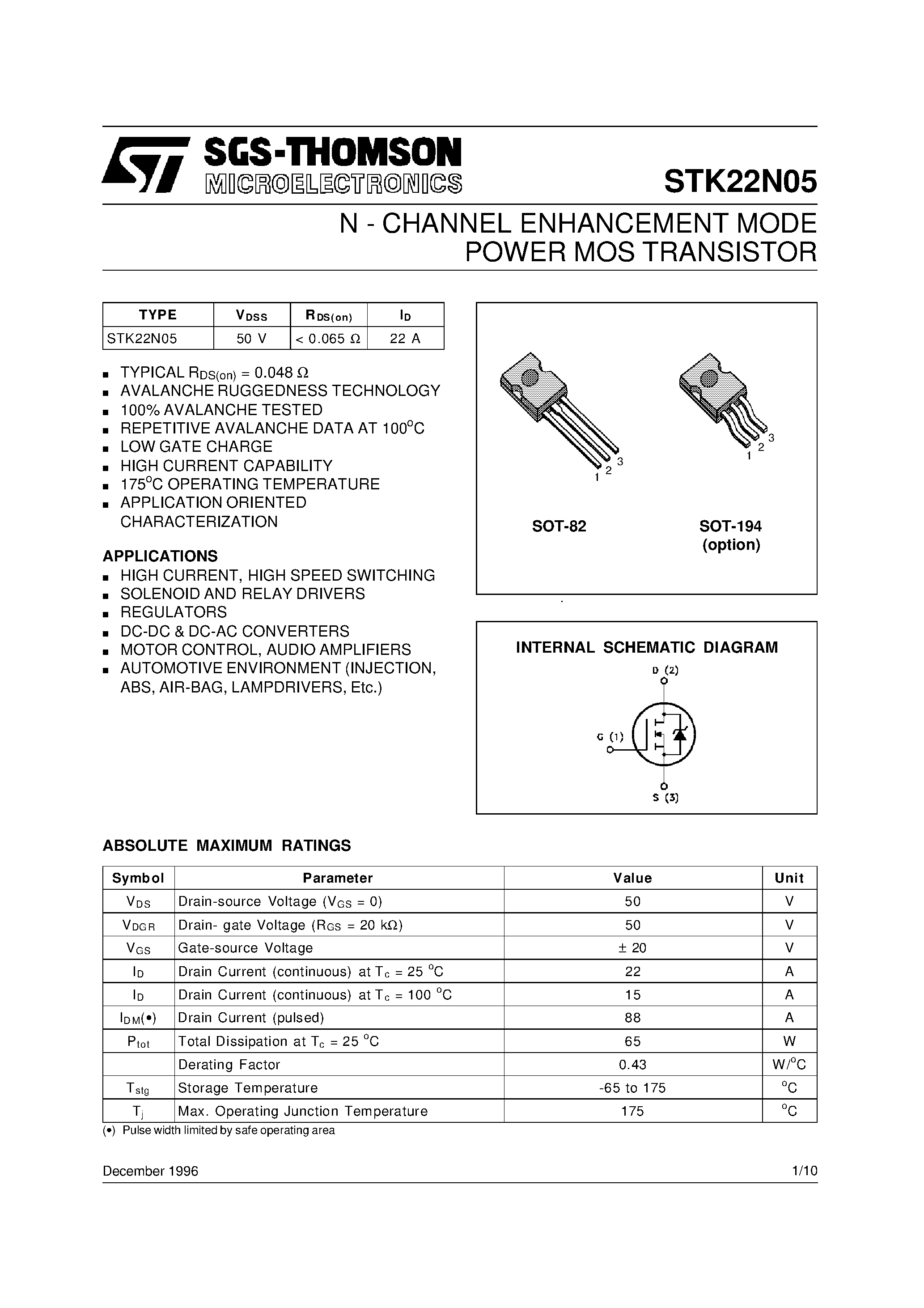 Datasheet STK22N05 - N - CHANNEL ENHANCEMENT MODE POWER MOS TRANSISTOR page 1