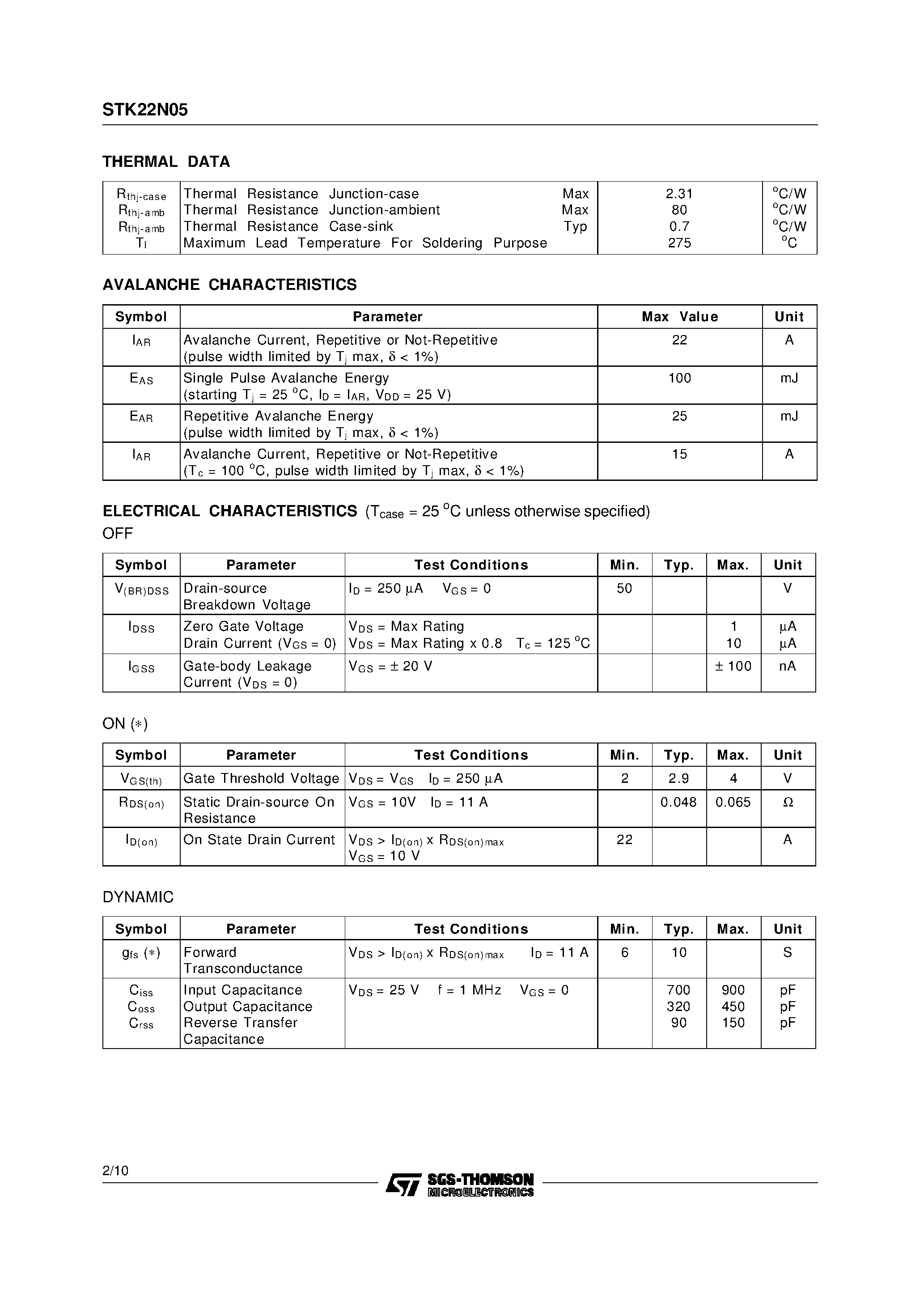Datasheet STK22N05 - N - CHANNEL ENHANCEMENT MODE POWER MOS TRANSISTOR page 2