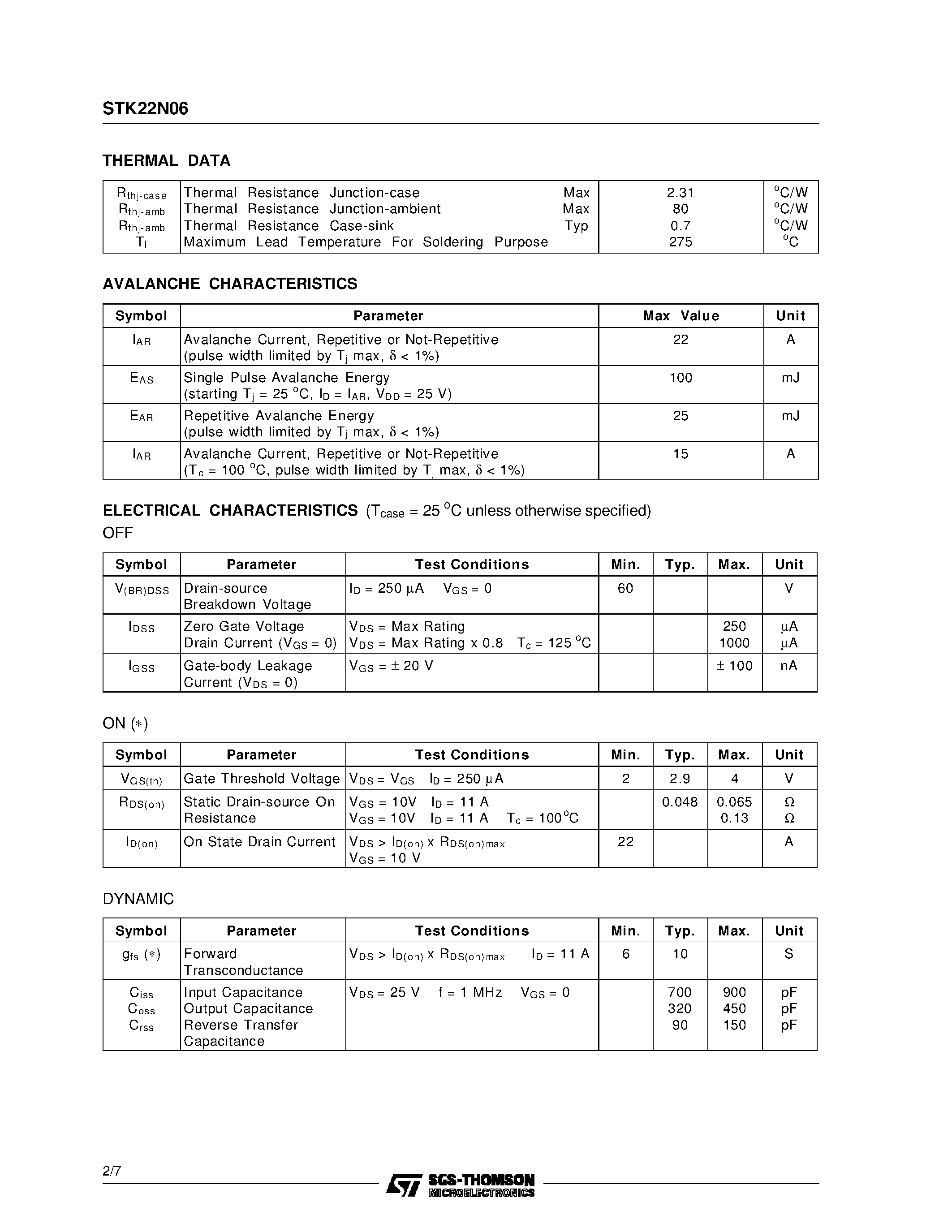 Даташит на микросхему STK22N06 страница 2 Даташит STK22N06 - N - CHANNEL ENHANCEMENT MODE POWER MOS TRANSISTOR страница 2