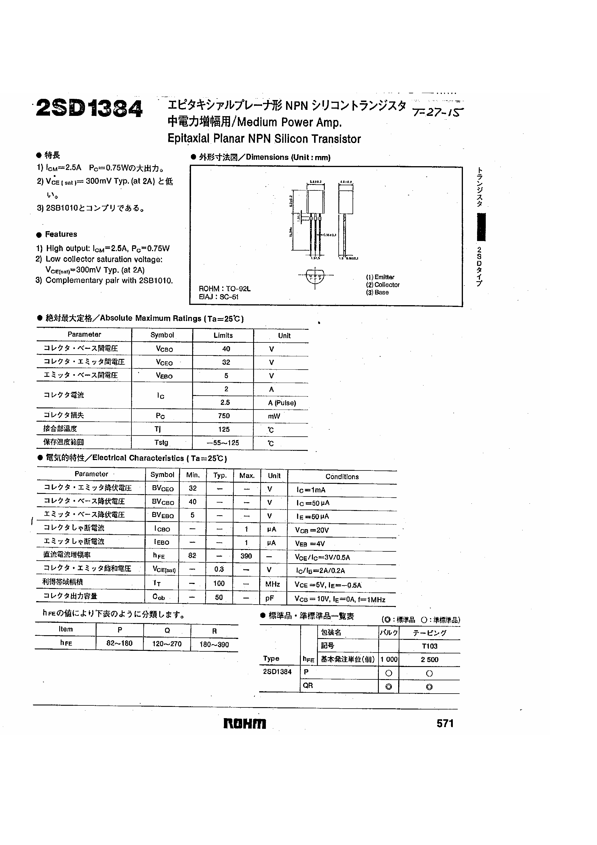 Datasheet 2SD1384 page 1 Datasheet 2SD1384 - Epitaxial Planar NPN Silicon Transistor page 1