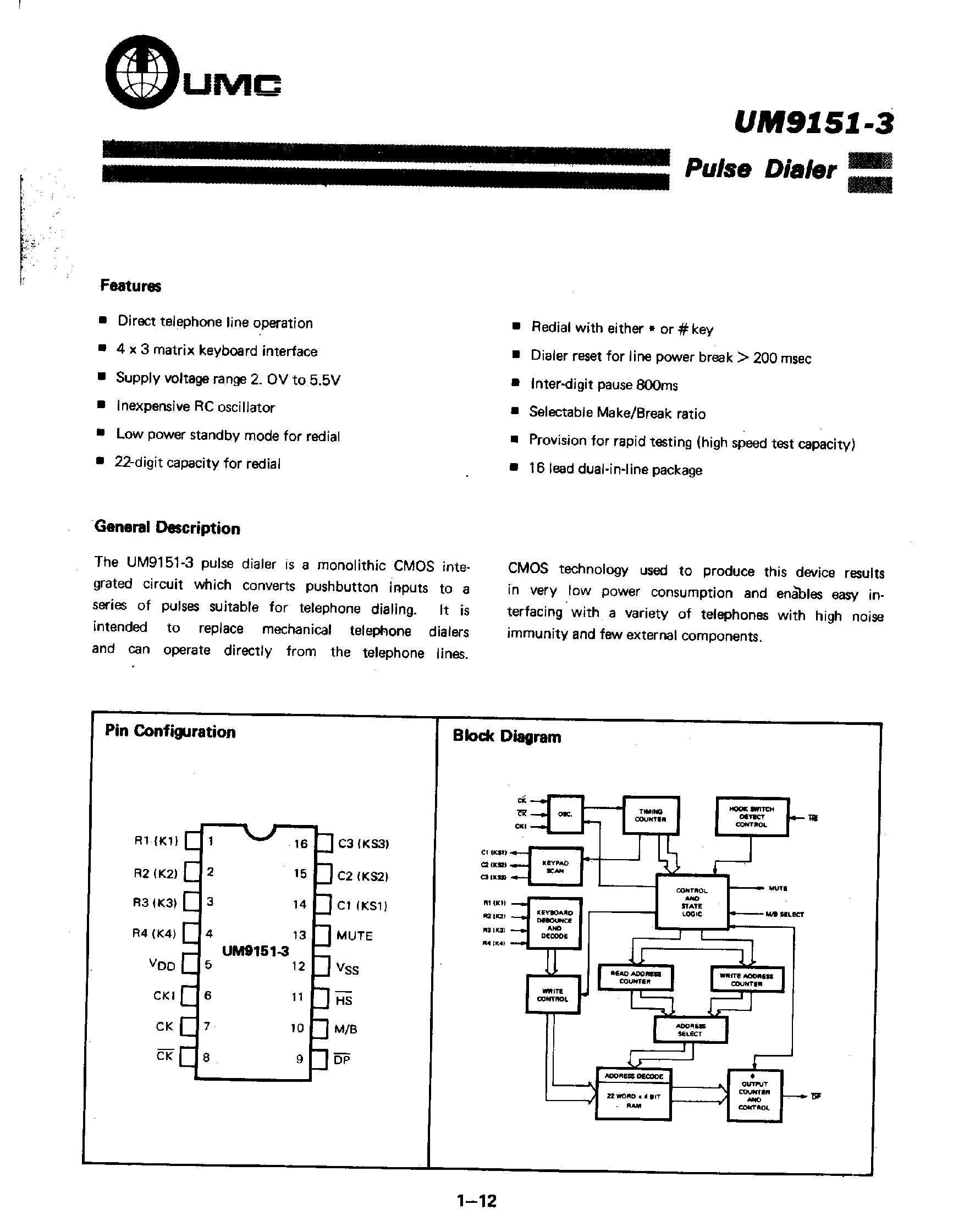Datasheet UM9151-3 - Pulse Dialer page 1