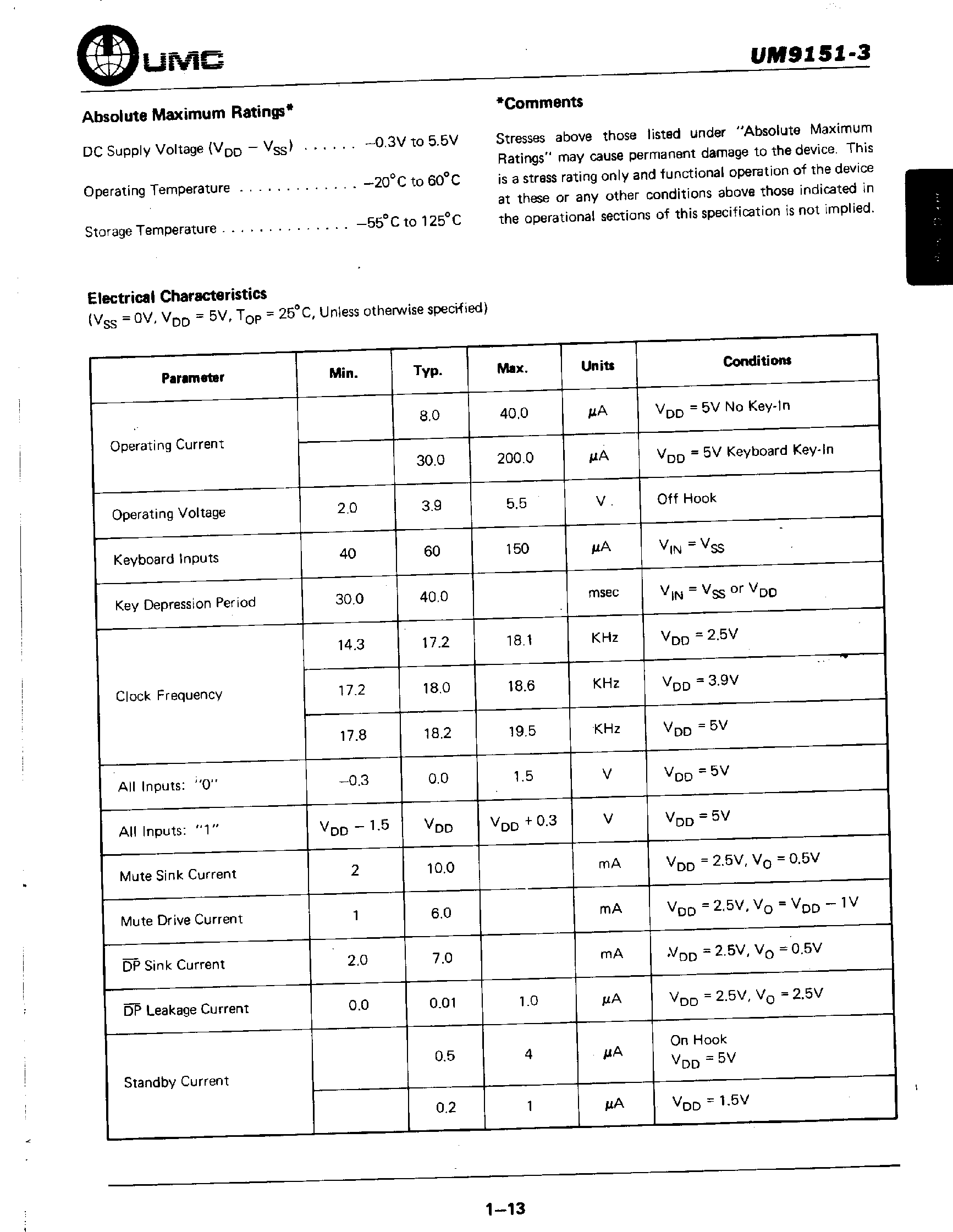Datasheet UM9151-3 - Pulse Dialer page 2