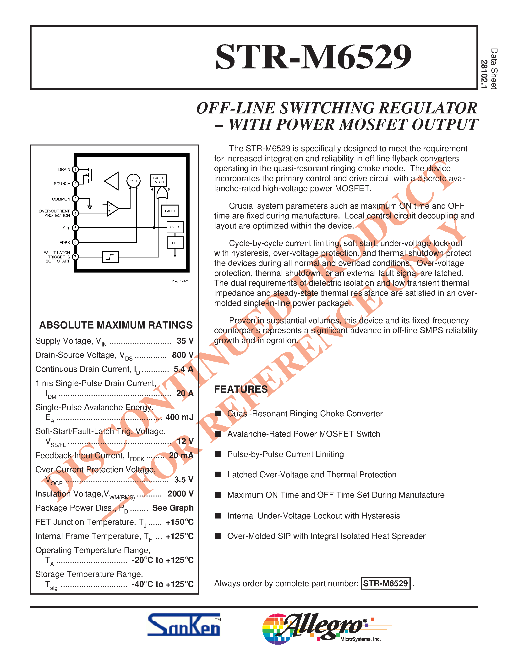 Datasheet STRM6529 page 1 Datasheet STRM6529 - OFF-LINE SWITCHING REGULATOR WITH POWER MOSFET OUTPUT page 1