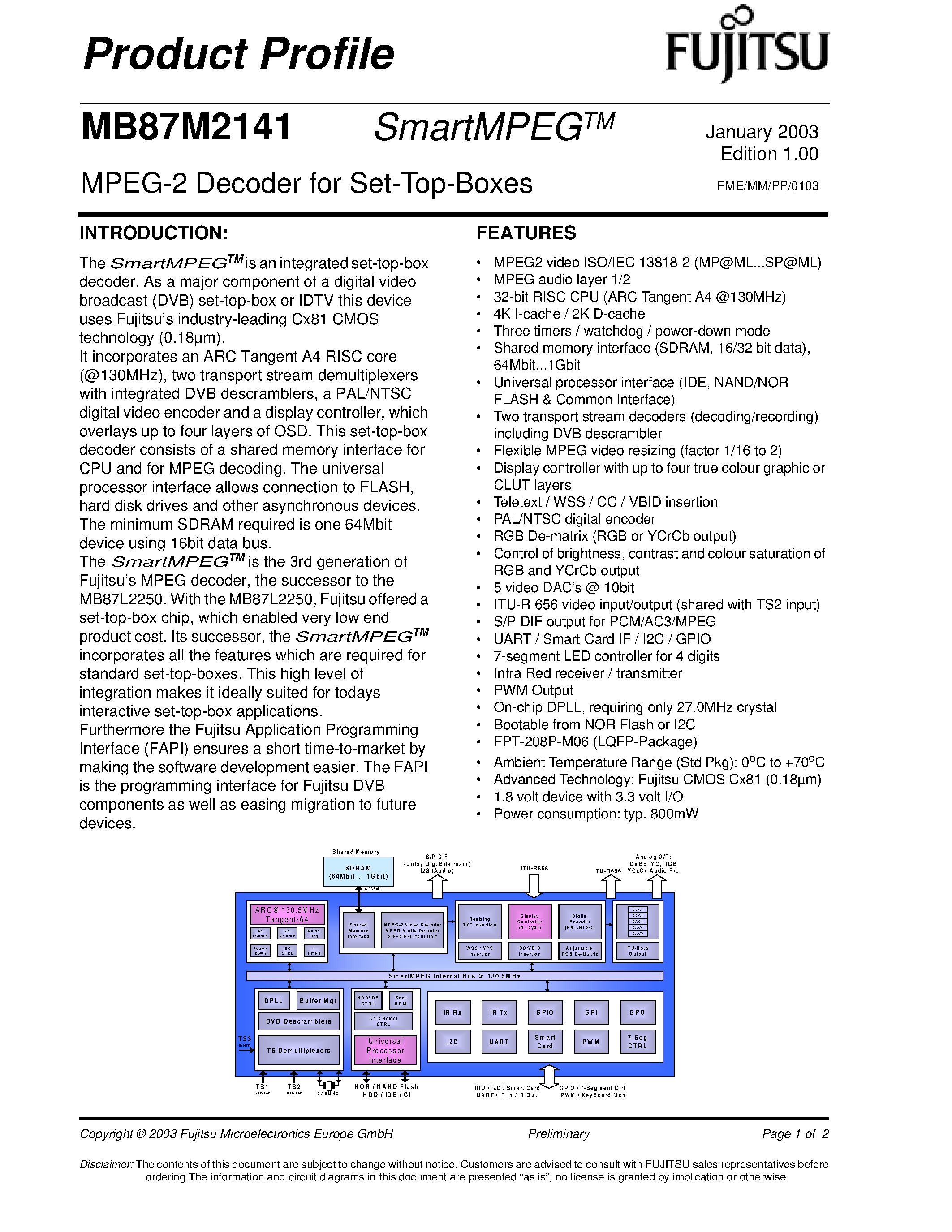 Datasheet MB87M2141 - MPEG-2 Decoder for Set-Top-Boxes page 1