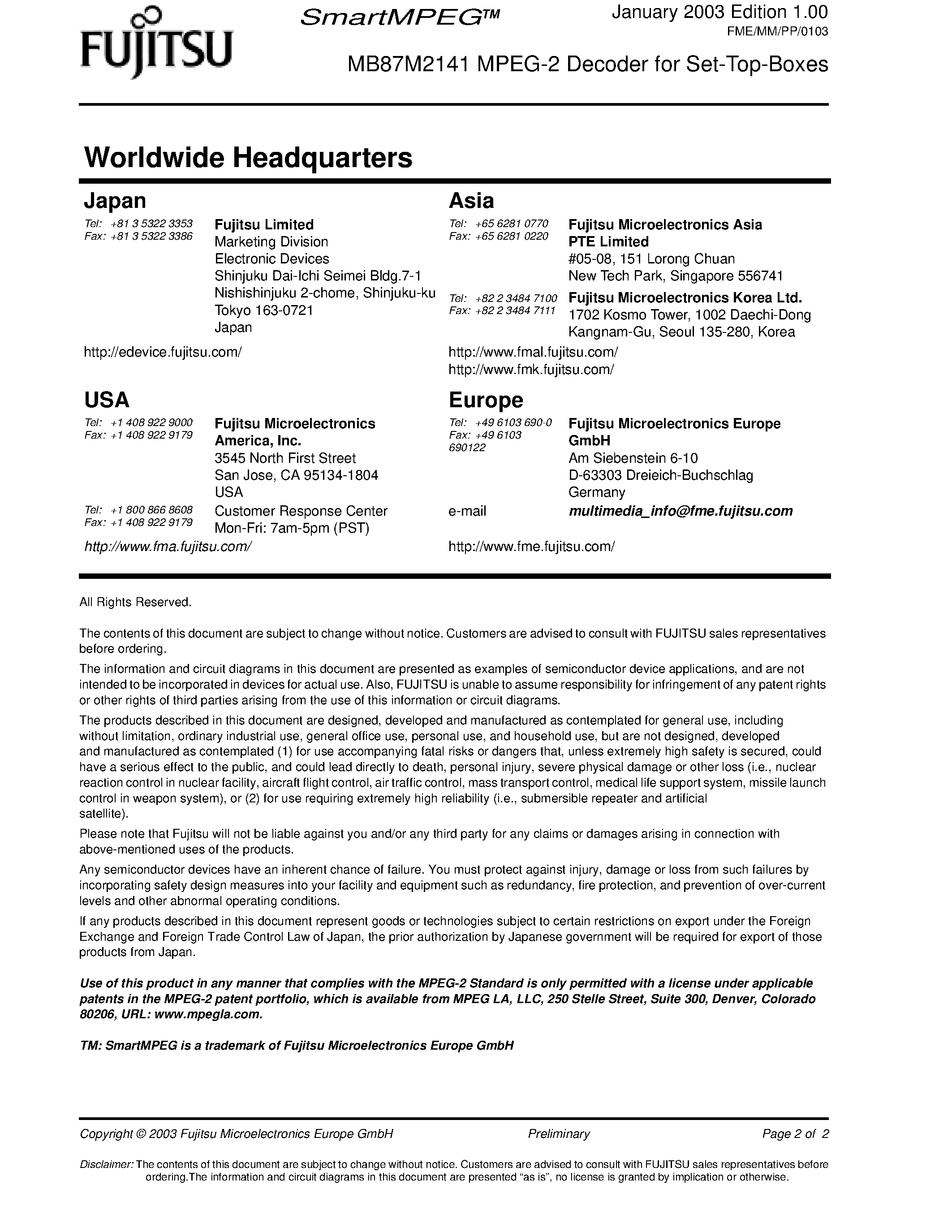Datasheet MB87M2141 - MPEG-2 Decoder for Set-Top-Boxes page 2