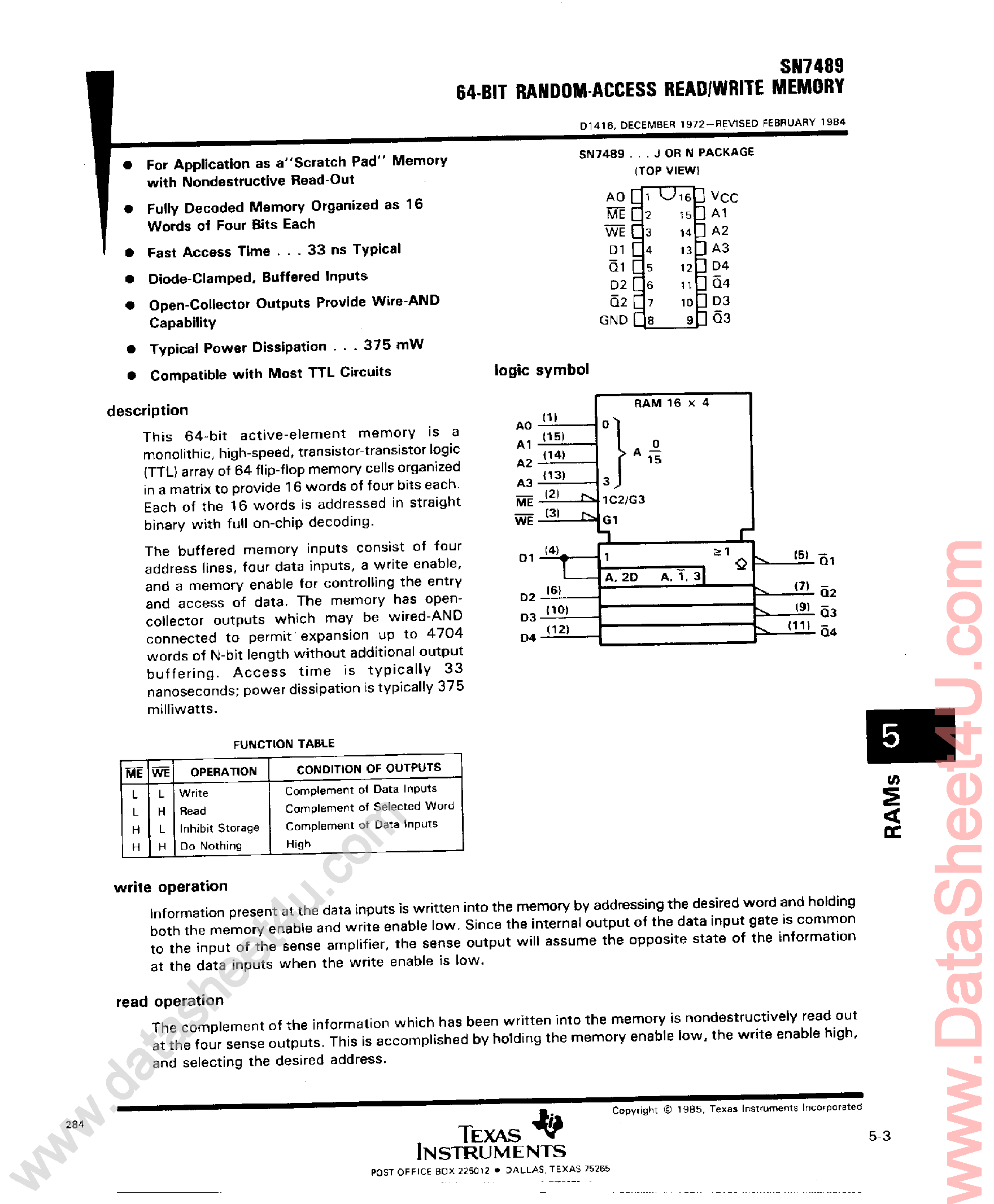 Datasheet SN7489 page 1 Datasheet SN7489 - 64 Bit RAM page 1