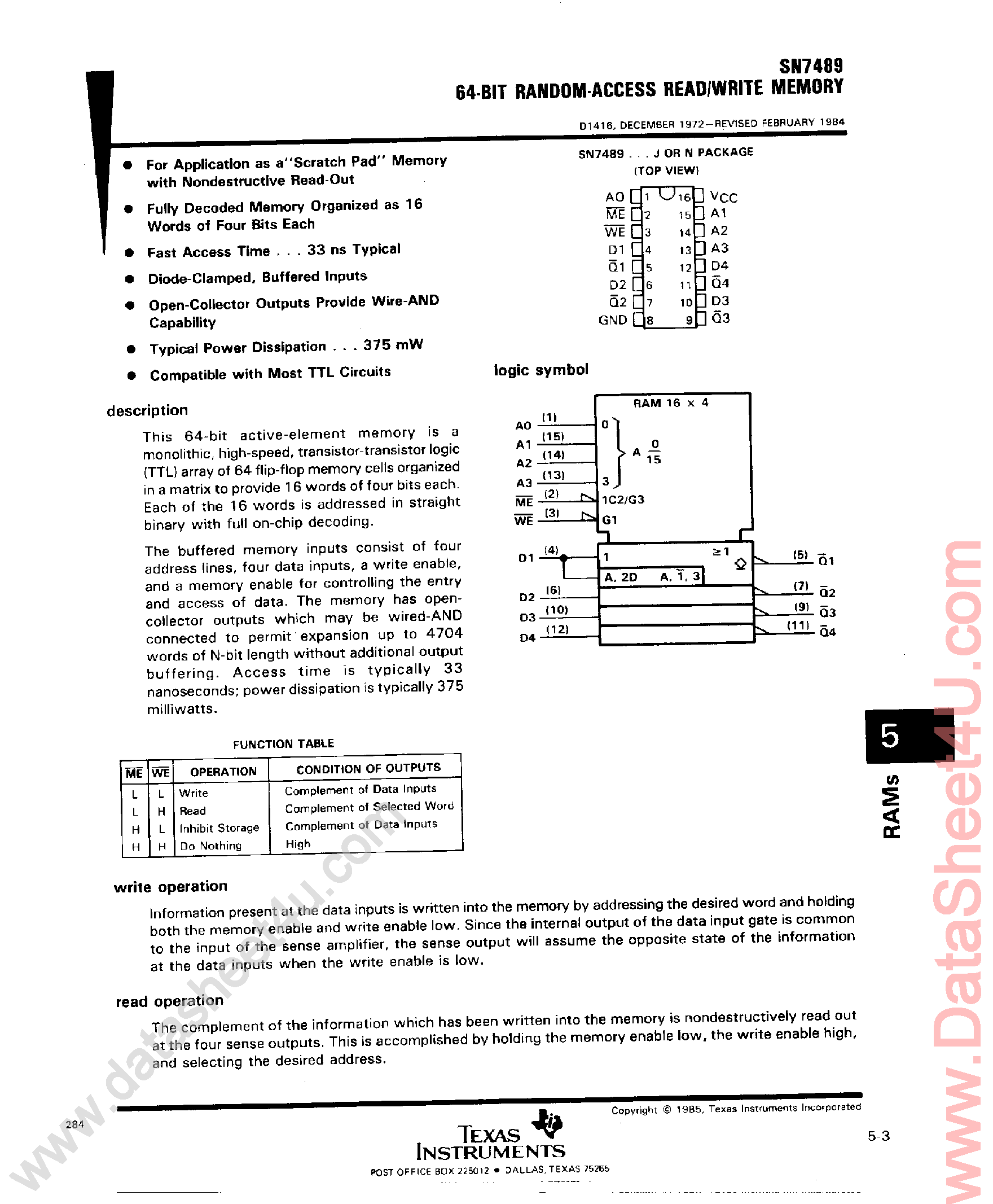 Datasheet SN7489 - 64 Bit RAM page 1