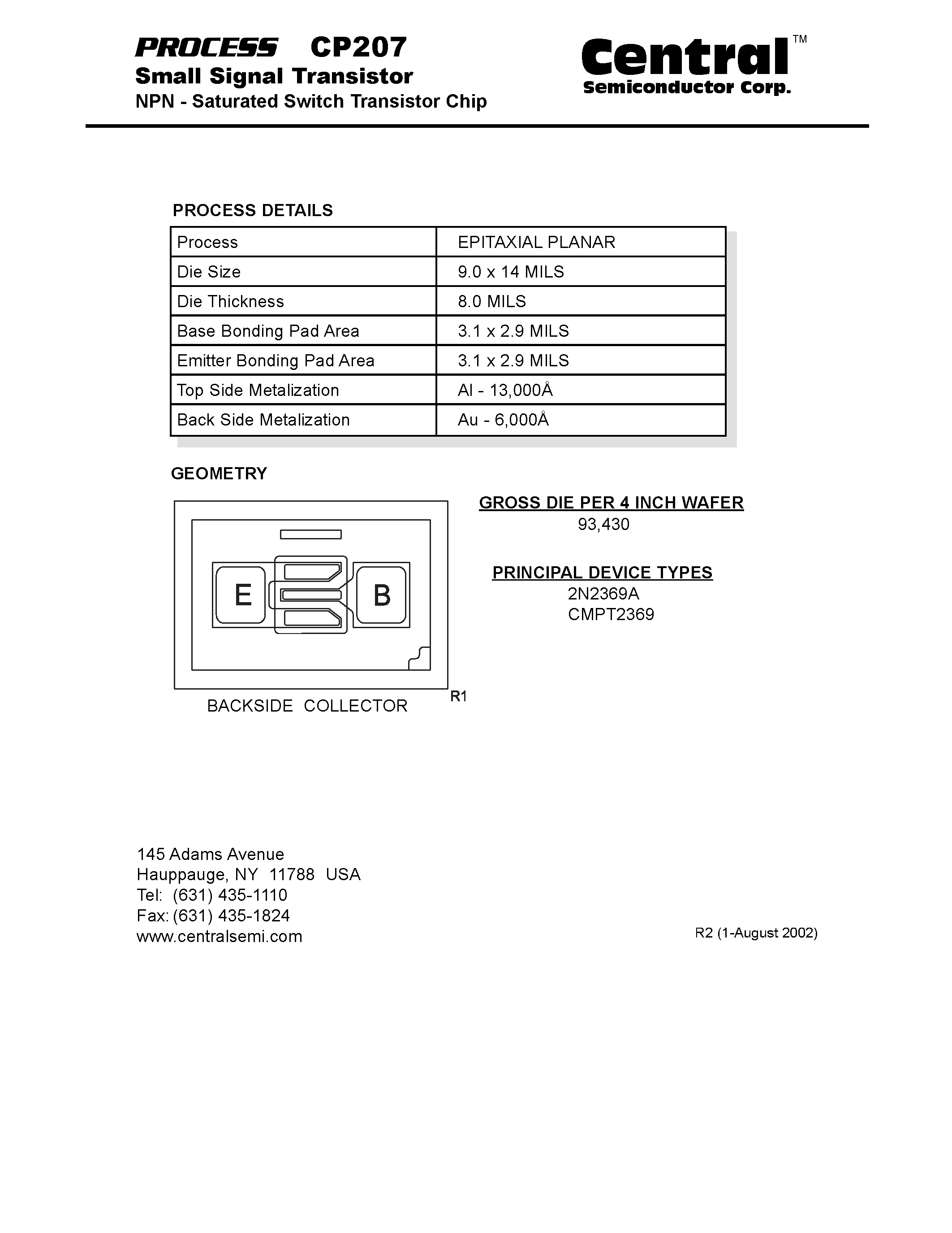 Даташит на микросхему CP207 страница 1 Даташит CP207 - Small Signal Transistor NPN - Saturated Switch Transistor Chip страница 1
