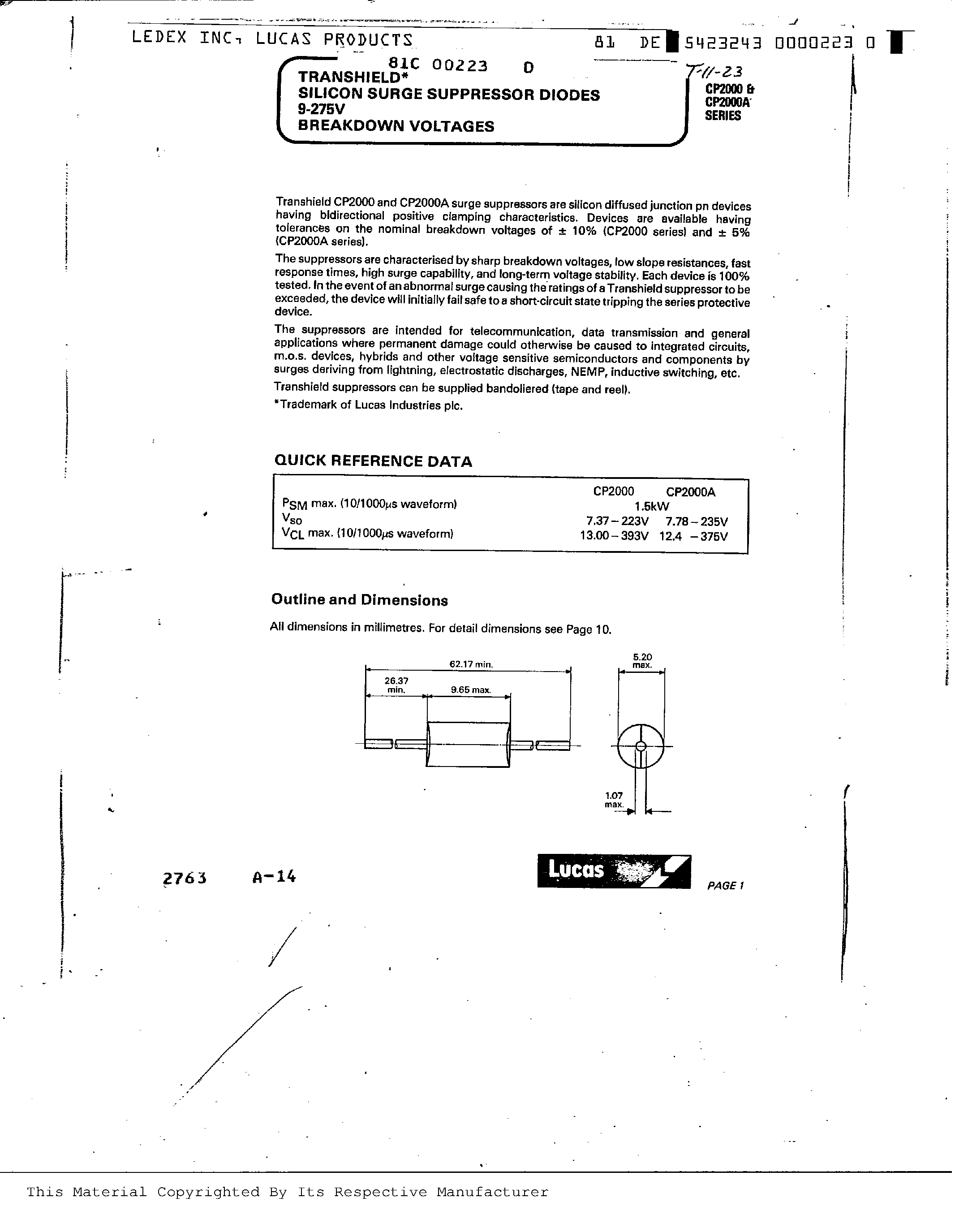 Даташит на микросхему CP2075 страница 1 Даташит CP2075 - Silicom Surge Suppessor Diodes страница 1