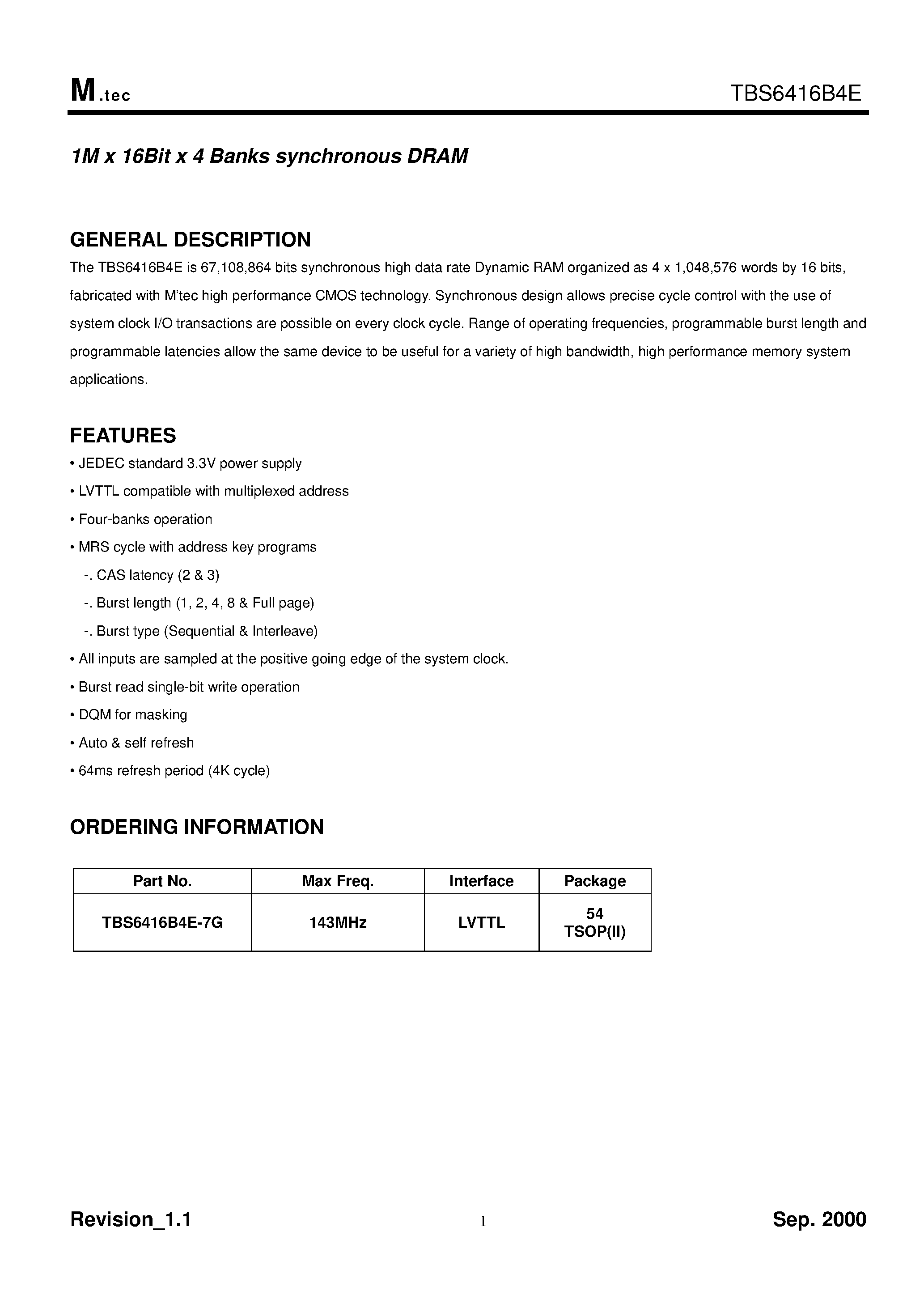 Datasheet TBS6416B4E - 1M x 16 Bit x 4 Bank Synchronous DRAM page 1