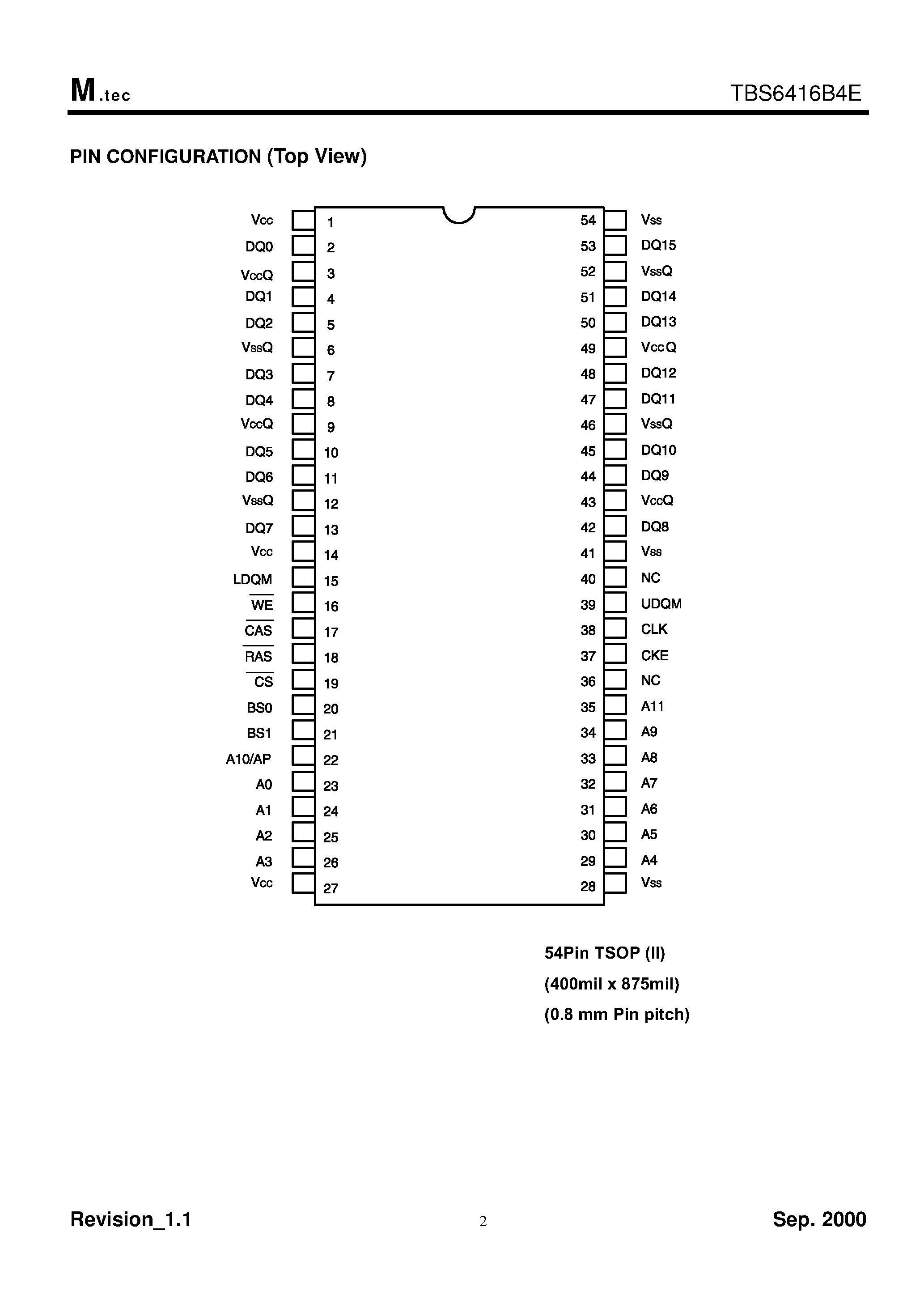 Datasheet TBS6416B4E - 1M x 16 Bit x 4 Bank Synchronous DRAM page 2