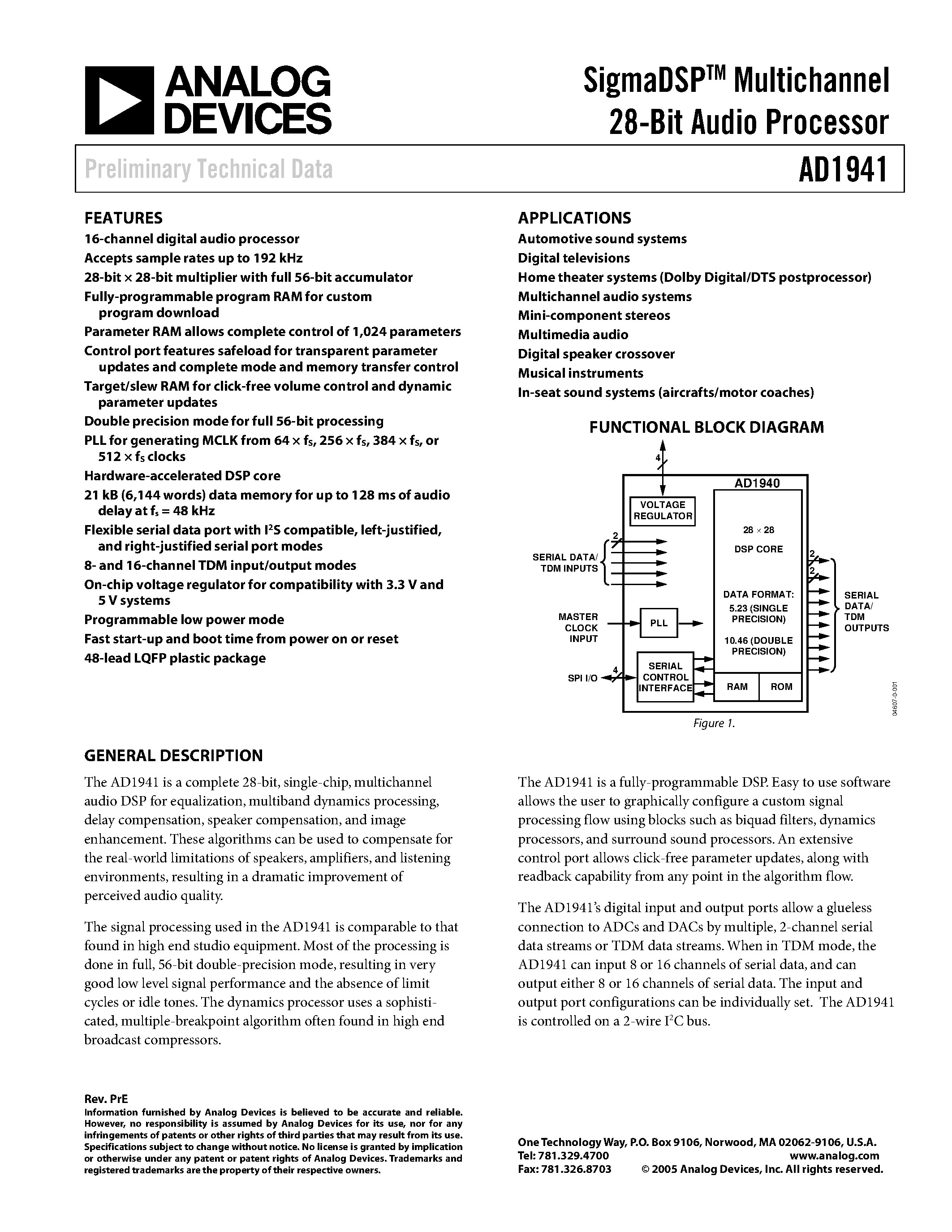 Datasheet AD1941 - 28 Bit Audio Processor page 1