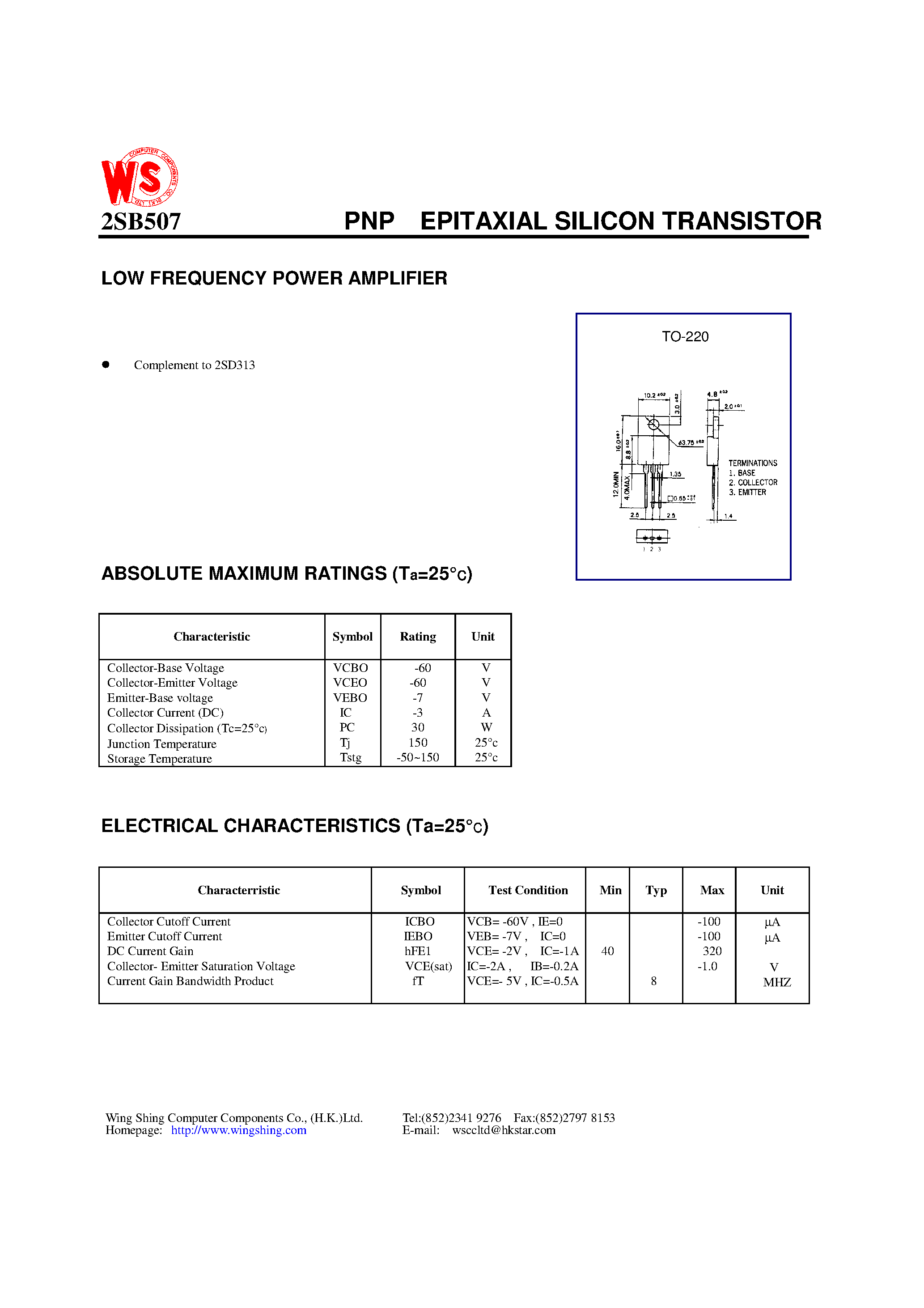 Datasheet 2SB507 - PNP EPITAXIAL SILICON TRANSISTOR page 1