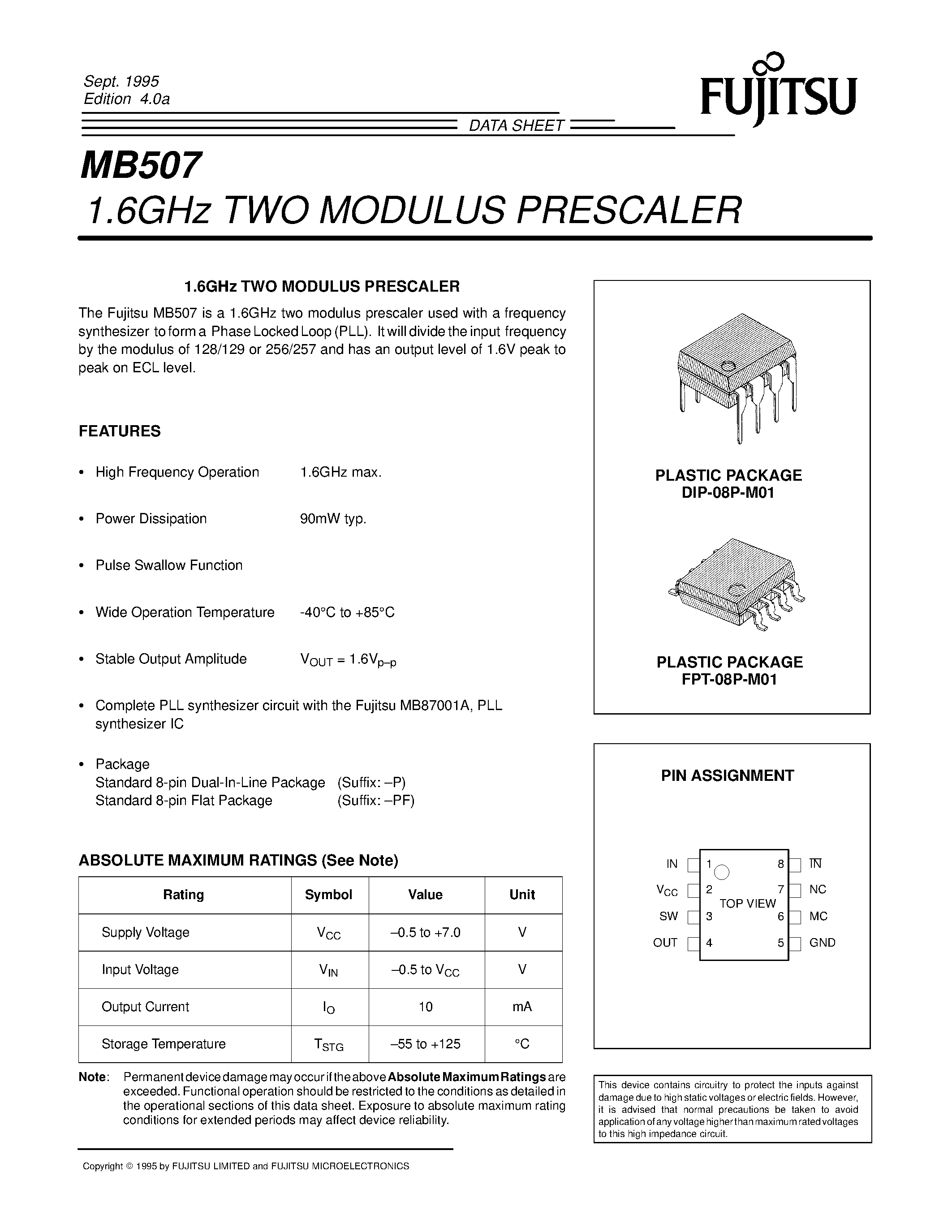 Datasheet MB507 - 1.6GHz TWO MODULUS PRESCALER page 1