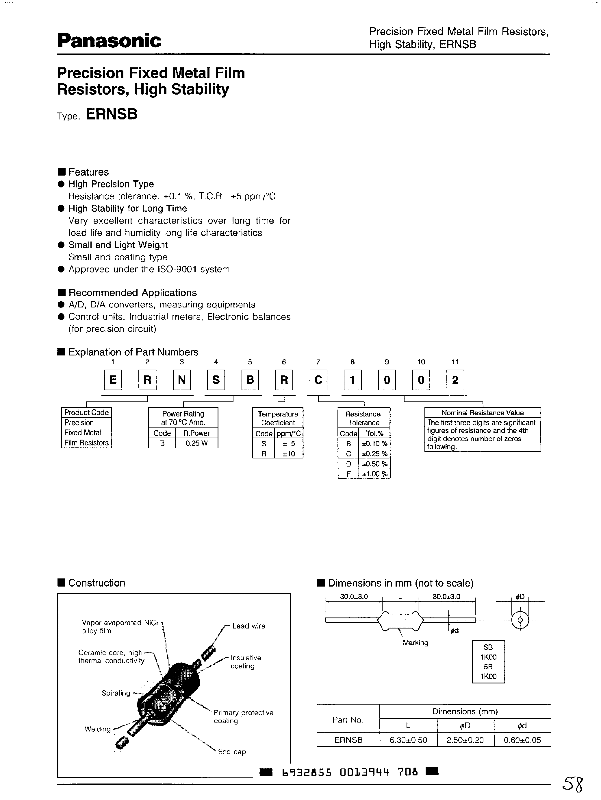 Datasheet ERNSBRD324x page 1 Datasheet ERNSBRD324x - Precision Fixed Metal Film Resistors / High Stability page 1