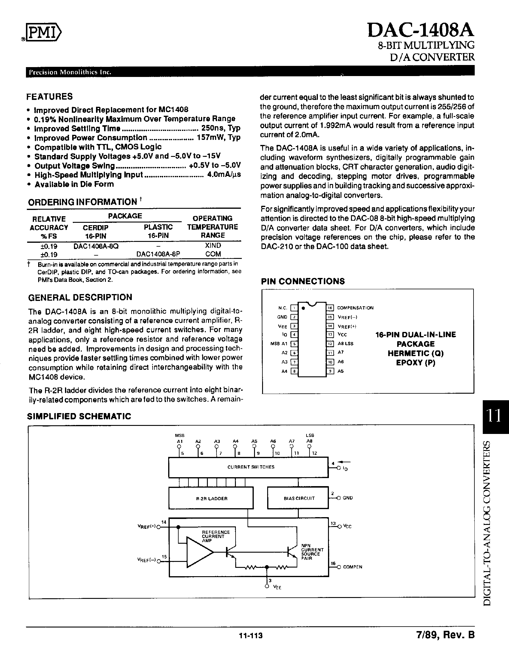 Datasheet DAC1408A - 8 Bit Multiplying D/A Converter page 1