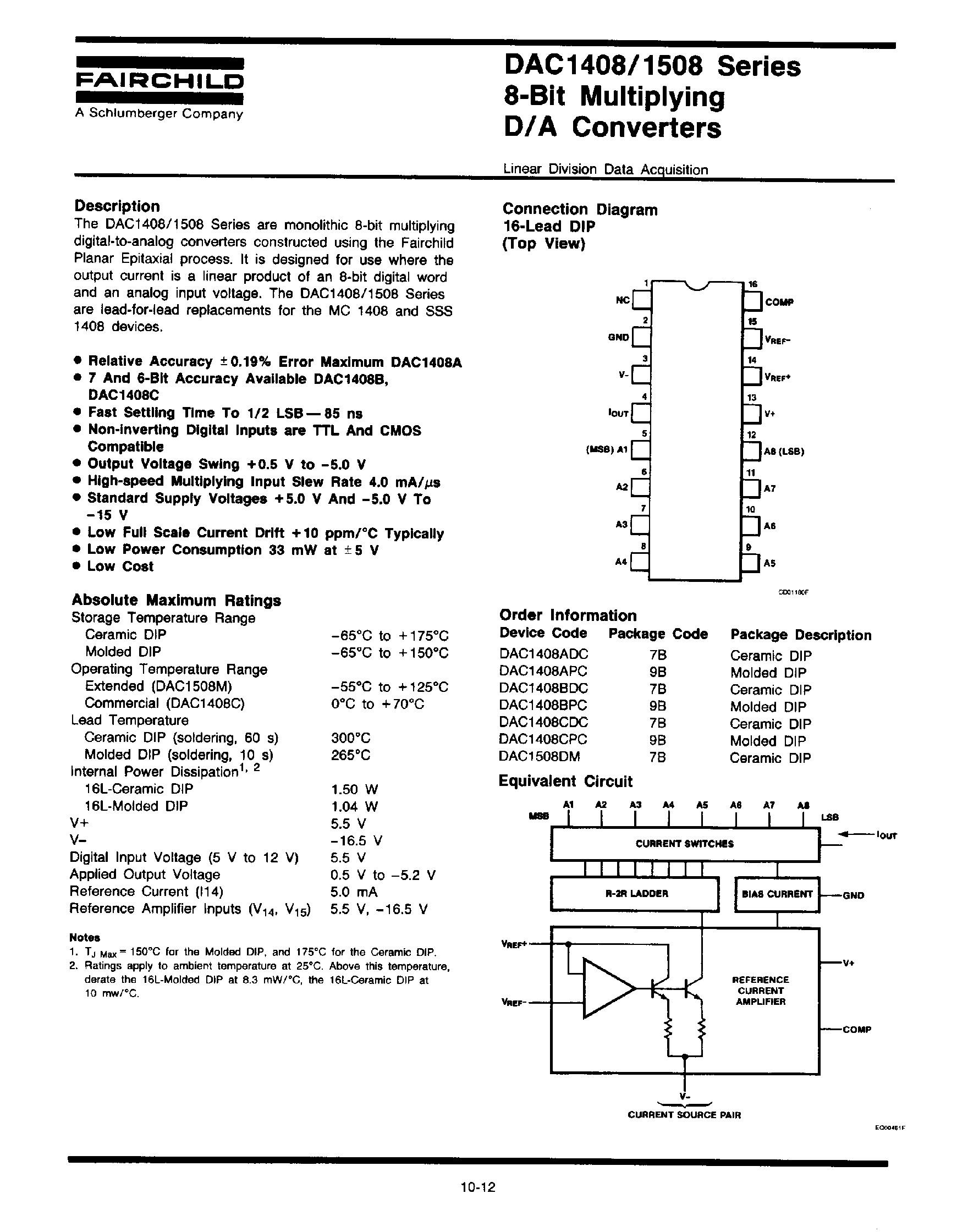 Datasheet DAC1408 - 8 Bit Multiplying D/A Converter page 1
