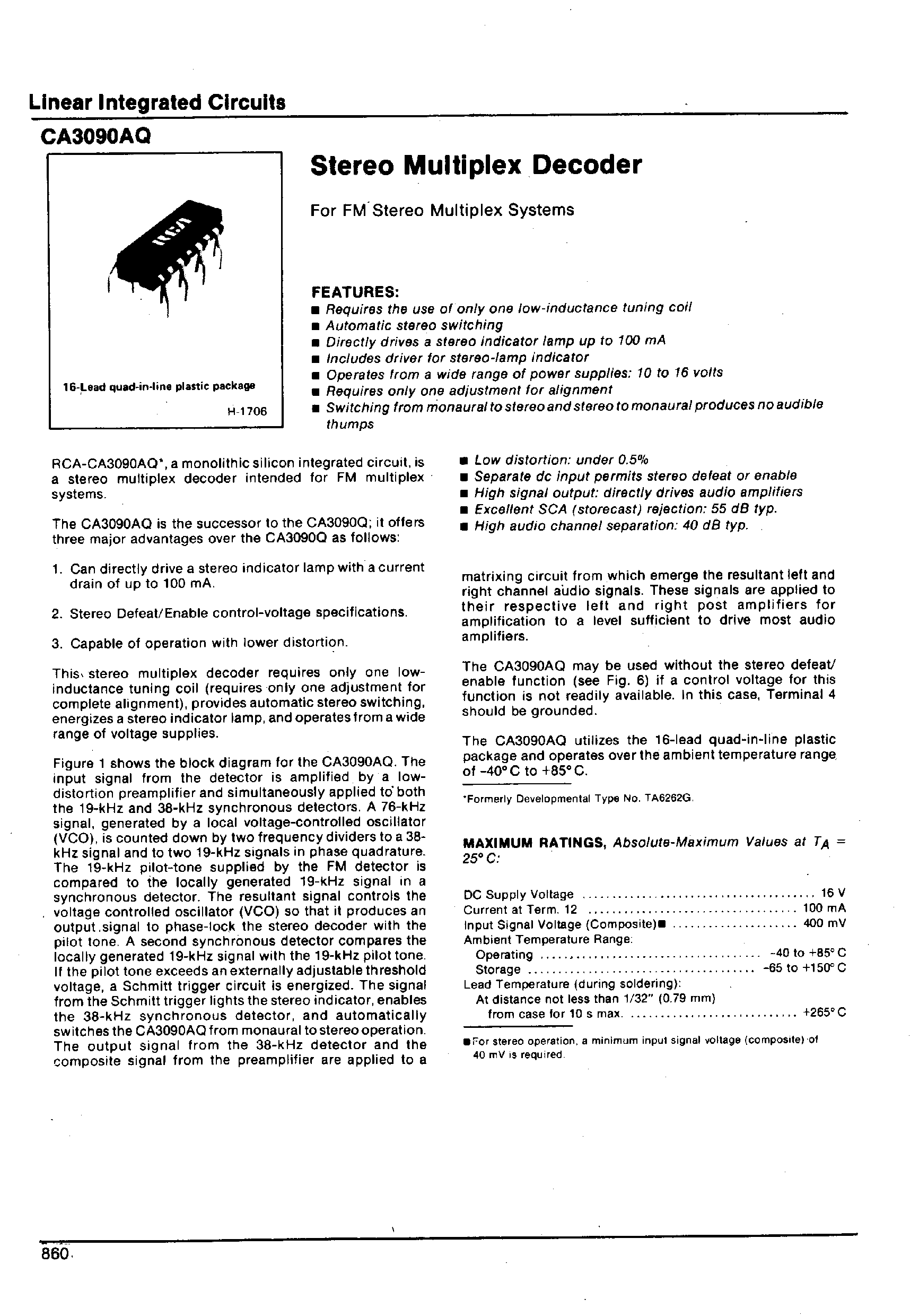 Даташит CA3090AQ - Stereo Multiplex Decoder страница 1