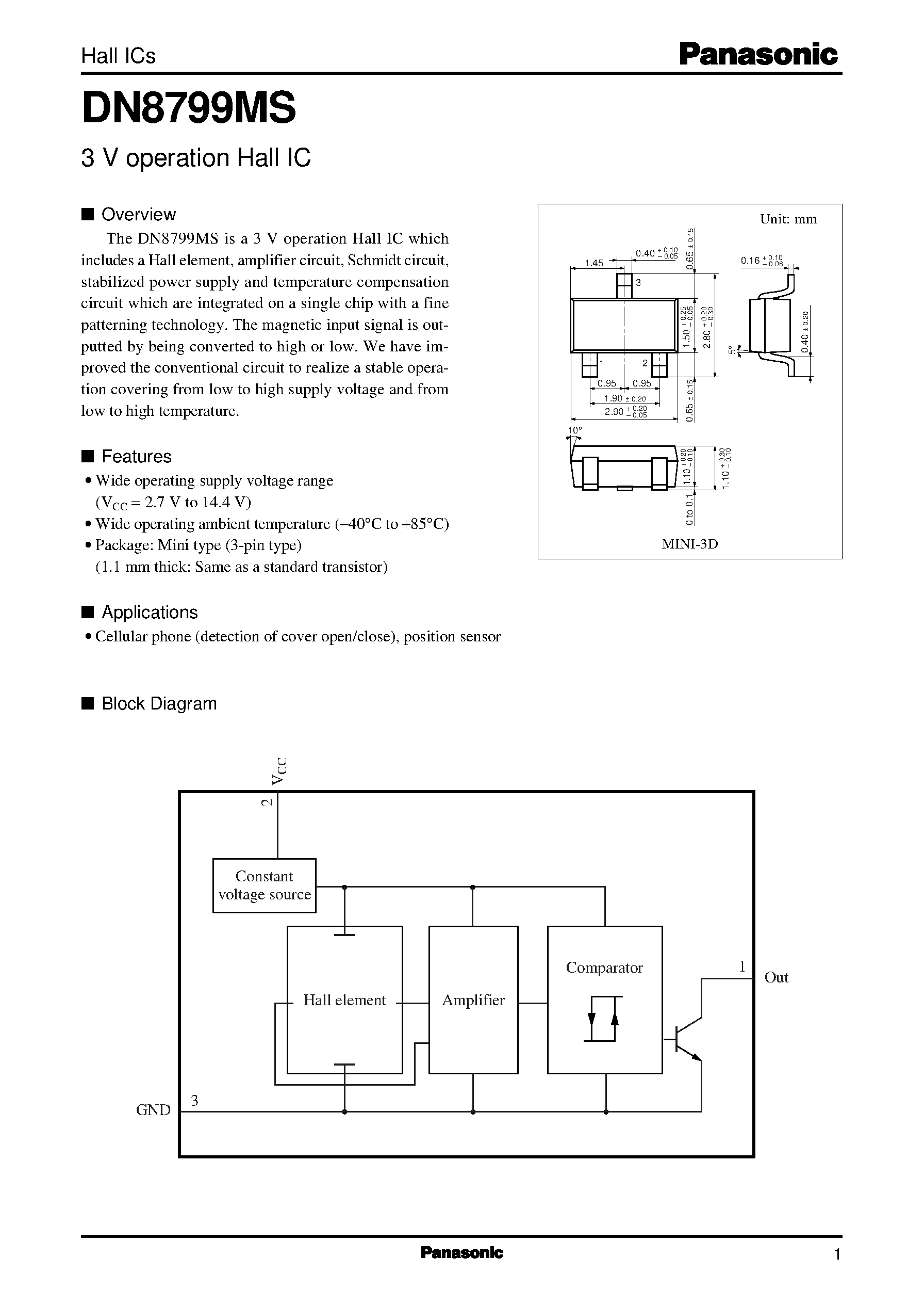 Datasheet DN8799MS page 1 Datasheet DN8799MS - 3 V operation Hall IC page 1