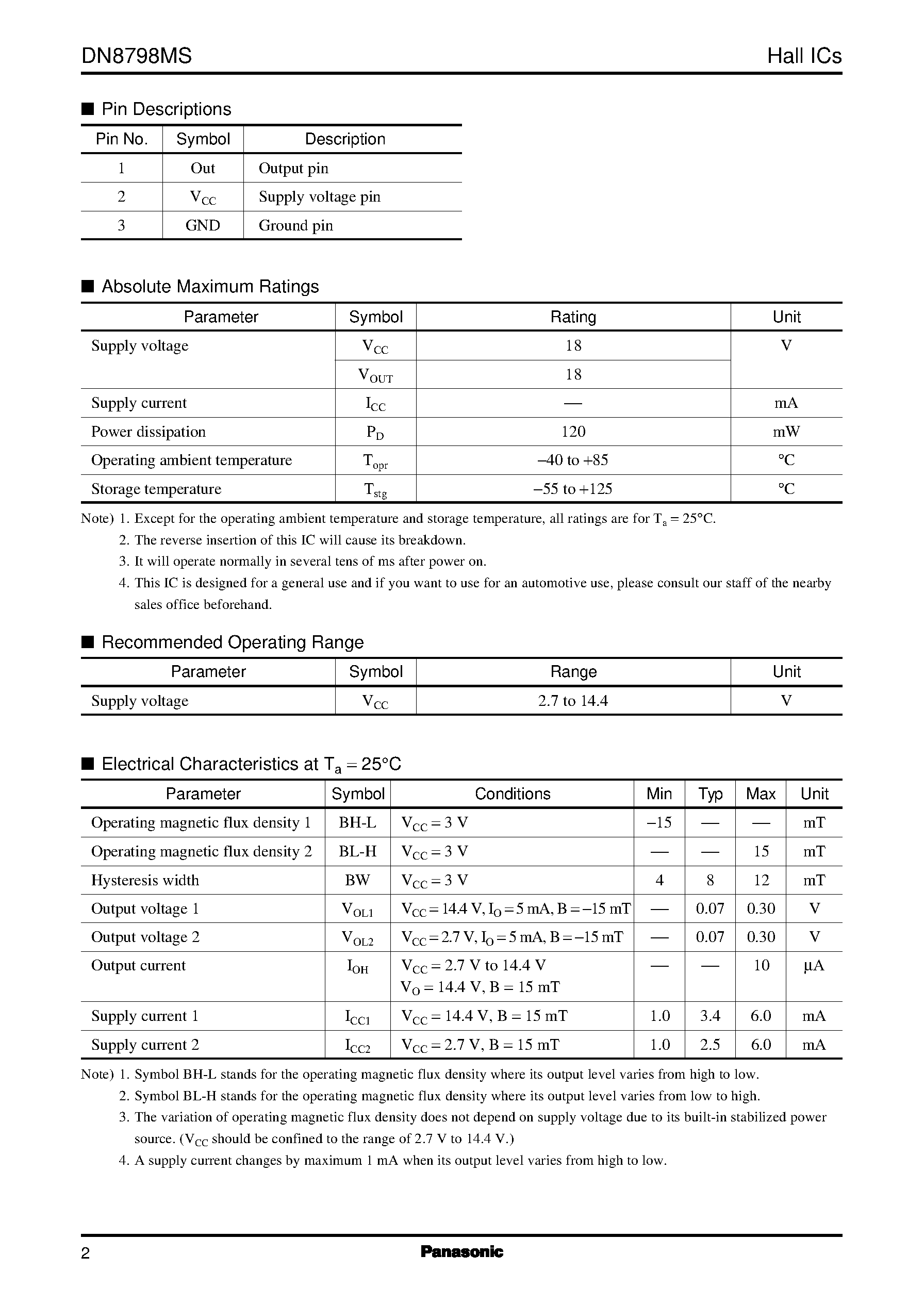 Datasheet DN8798MS - 3 V operation Hall IC page 2